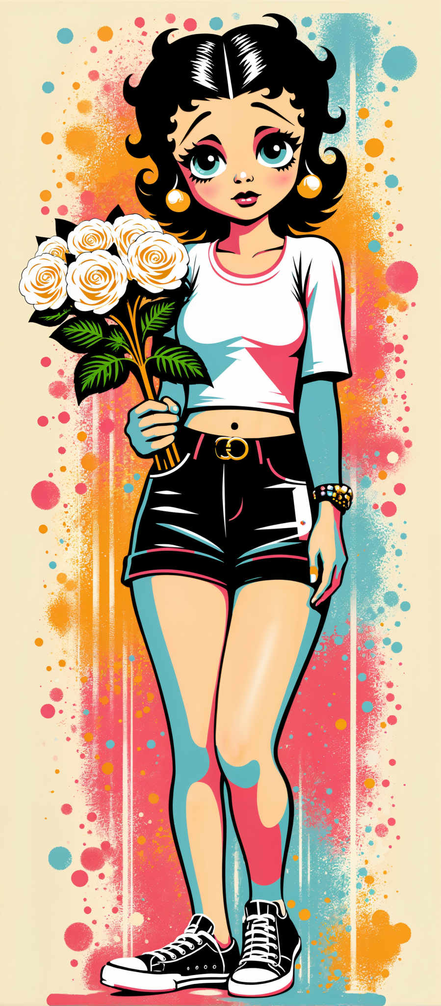 A woman in a white shirt and black shorts holds a bouquet of roses. The background is a vibrant mix of pink orange and blue with splashes of yellow and green. The art style is abstract and the subject is a woman. The motif is roses and there is a sense of joy and celebration conveyed through the image.