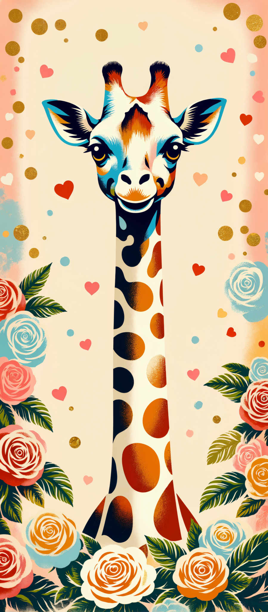 The image presents a vibrant and whimsical scene. Dominating the center is a tall slender pole adorned with a pattern of black and white spots. The pole is not alone; it is surrounded by a lively array of flowers and hearts each rendered in a variety of colors including pink blue and yellow. The flowers with their delicate petals and the hearts with the warmth they evoke add a touch of nature and love to the scene. The art style is reminiscent of a child's drawing with its bold lines and bright colors. The subject of the image is a giraffe its long neck and spotted pattern adding a sense of height and majesty to the composition. The motif of the scene is a celebration of life and love as symbolized by the flowers and the giraffe. The image is filled with joy and color making it a delightful visual experience.