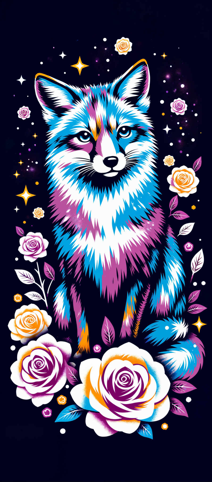 The image presents a captivating scene of a blue and white fox its fur a mix of cool blues and pure whites sitting amidst a vibrant array of flowers. The fox's eyes a striking yellow gaze directly into the viewer creating a sense of connection. The flowers in hues of pink orange and yellow are scattered around the fox adding a splash of color to the scene. The art style is reminiscent of a stained glass window with the fox and flowers outlined in white giving the image a dreamy ethereal quality. The overall mood of the image is one of tranquility and beauty as if the fox is in a peaceful slumber amidst the colorful flora.