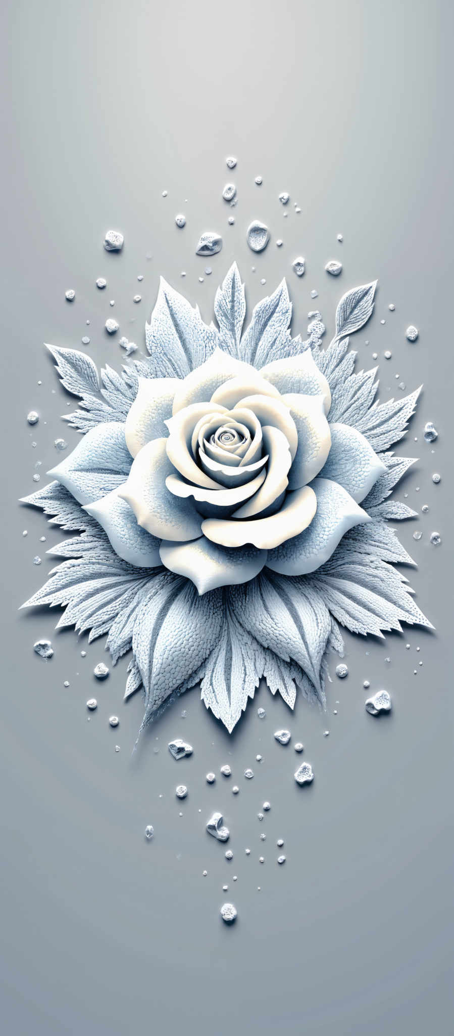 The image presents a captivating digital illustration of a rose. The rose which is the central focus of the image is rendered in a striking blue color. It has six petals that are intricately detailed giving the impression of a delicate hand-crafted piece of art. The center of the rose is a lighter shade of blue providing a pleasing contrast to the darker petals.

The rose is surrounded by a multitude of white leaves which are scattered around it adding a sense of depth and complexity to the composition. The leaves are not merely decorative; they are integral parts of the overall design contributing to the overall aesthetic of the piece.

The background of the illustration is a light gray color which serves to highlight the rose and leaves. It is not a plain background but rather it is speckled with small white dots which add an element of texture and visual interest to the scene.

The art style of the painting is digital which means that it was created using digital tools and techniques. Despite this the image has a certain organic feel to it with the rose appearing almost lifelike.

The subject of the artwork is a rose a symbol of love and beauty. The motif of the subject is the rose with its intricate details and the surrounding leaves creating a harmonious composition.

Overall the painting captures the beauty of the natural world in a digital medium creating a piece that is both visually striking and emotionally evocative.