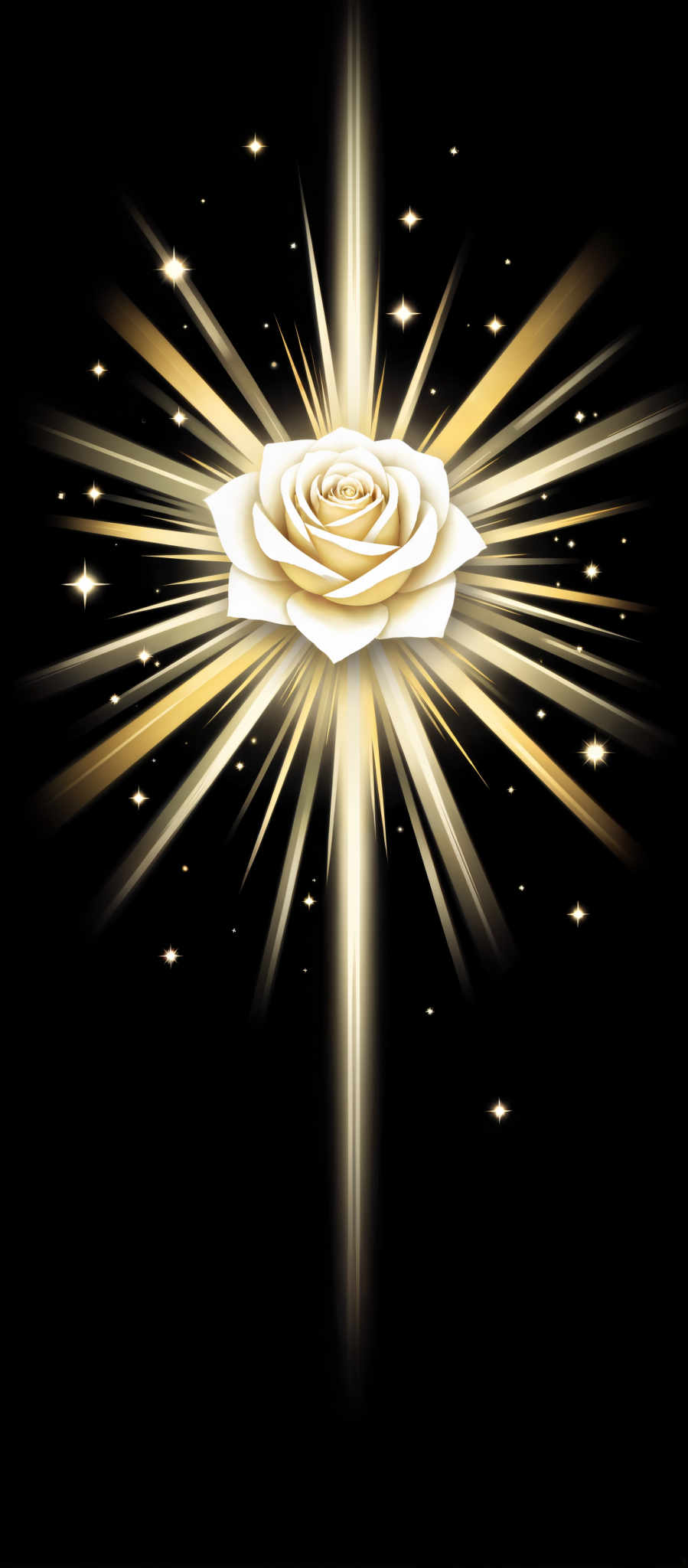 The image presents a captivating scene of a white rose which is the central focus. The rose is surrounded by a halo of light creating a sense of divine aura. The light is composed of rays of gold and white radiating outwards from the rose. The background is a stark black providing a strong contrast to the luminous rose and halo. Scattered throughout the image are small white stars adding to the celestial theme. The art style is reminiscent of a painting with the use of light and shadow to create depth and dimension. The overall mood of the image is one of tranquility and serenity.