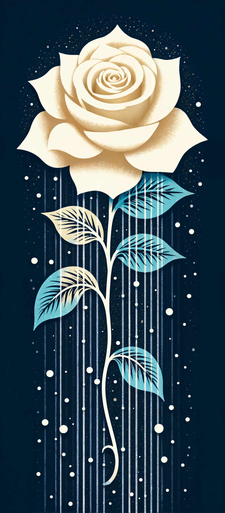 The image presents a captivating scene of a white rose with blue leaves set against a dark blue background. The rose which is the central focus of the image is surrounded by white dots that create a sense of depth and dimension. The leaves of the rose are a striking blue adding a pop of color to the otherwise monochromatic palette. The art style of the illustration is reminiscent of watercolor with the use of soft flowing lines and gentle color transitions. The subject of the artwork is a rose a symbol of love and beauty and the motif is a garden evoking feelings of tranquility and serenity. The overall composition of the elements in the image creates a harmonious balance making it a visually pleasing piece of art.