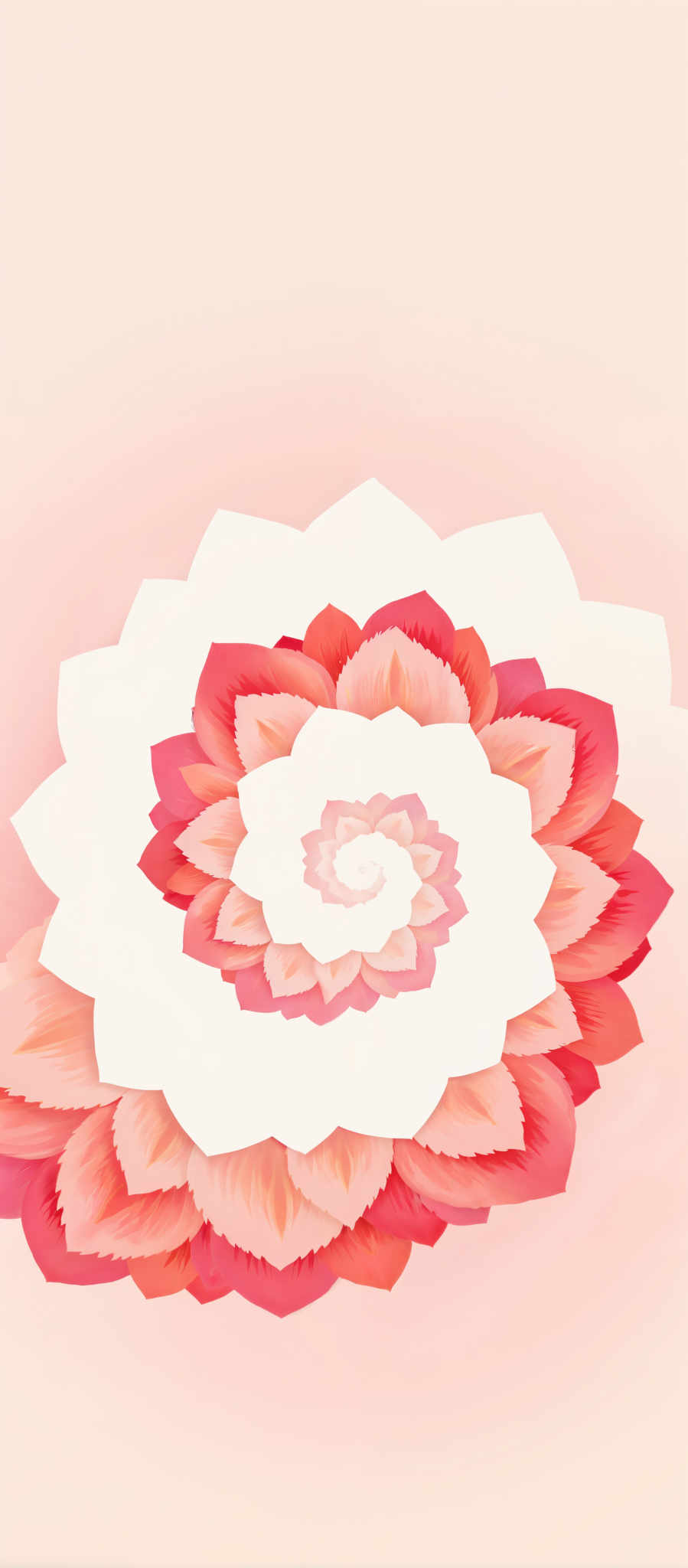 The image presents a captivating digital art piece. Dominating the center is a large flower its petals a vibrant mix of red and pink hues. The flower's center is white providing a striking contrast to the colorful petals. The art style is reminiscent of paper cutouts with the flower and its petals appearing to be made of paper. The background is a soft pink which complements the colors of the flower. The overall mood of the image is cheerful and vibrant evoking a sense of joy and celebration. The image does not contain any text or other discernible objects. The relative position of the objects is such that the flower is centrally located with its petals radiating outwards. The pink background surrounds the flower enhancing its prominence in the image.