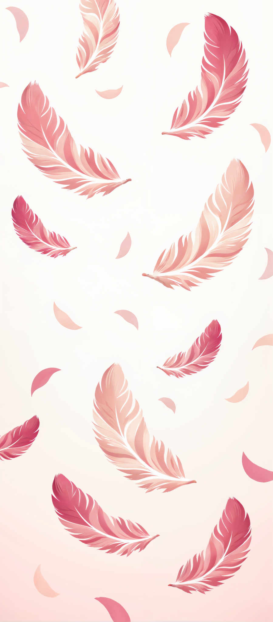 The image presents a captivating scene of a flock of pink feathers each varying in size and shape scattered across a light pink background. The feathers with their soft pink hue create a sense of warmth and comfort. The art style is reminiscent of watercolor with the feathers appearing to be painted in a light airy manner. The subject of the image is the feathers which are the main focus. The motif is a sense movement and freedom as if the feathers are floating or falling gently. The overall effect is a serene and dreamy atmosphere.