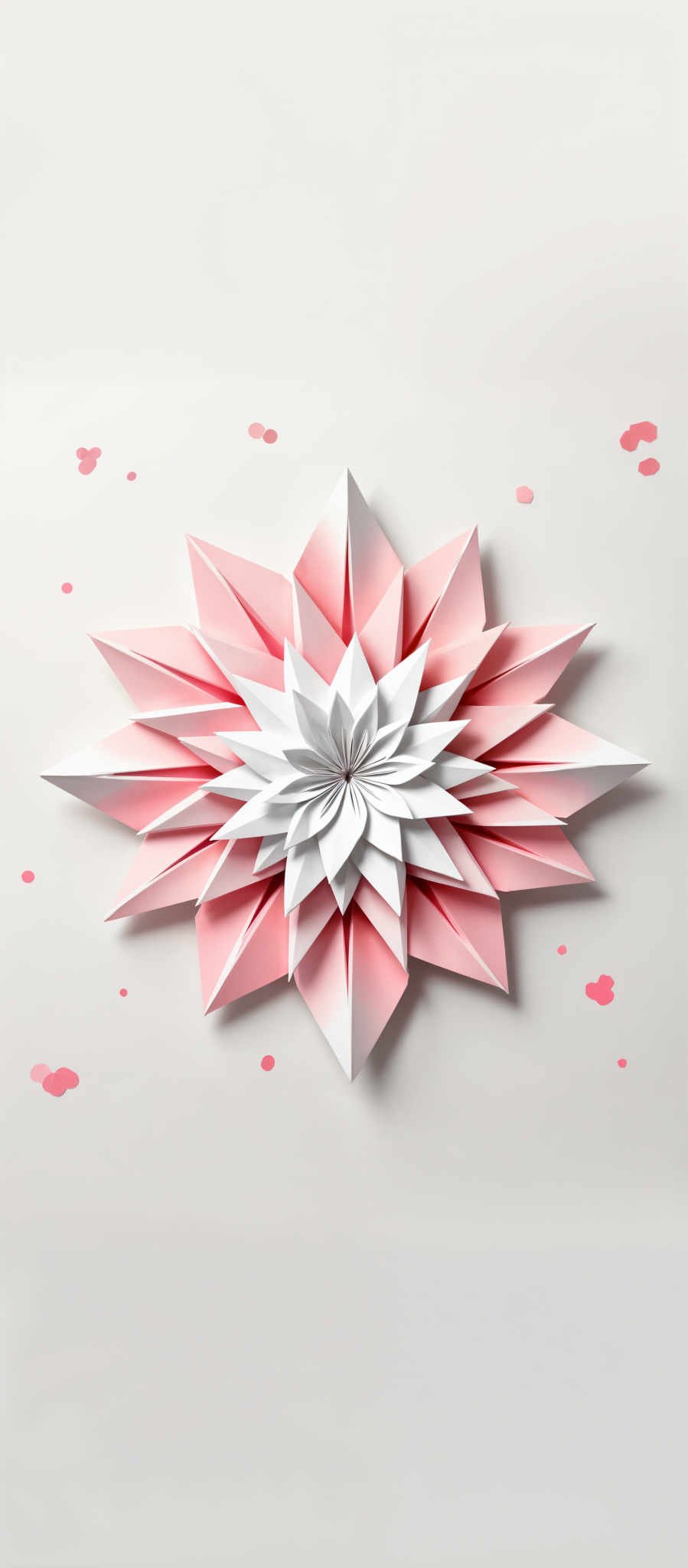 The image presents a captivating origami flower meticulously crafted from paper. The flower which is the central focus of the image is composed of numerous smaller paper pieces each varying in shades of pink and white. The origami is set against a stark white background which accentuates its vibrant colors and intricate design. Scattered around the flower are small pink dots adding a touch of whimsy to the overall composition. The art style of the origami suggests a high level of skill and precision while the subject and motif evoke a sense of tranquility and beauty. The image does not contain any discernible text.