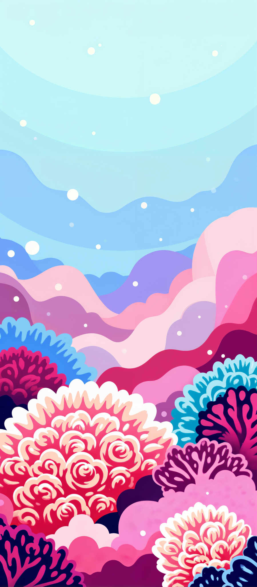 The image presents a vibrant and lively scene of a mountainous landscape. The mountains painted in shades of purple and pink rise majestically against a backdrop of a clear blue sky. The sky is dotted with fluffy white clouds adding to the serene atmosphere. 

In the foreground a cluster of flowers in hues of pink and blue adds a touch of nature's beauty to the scene. The flowers with their delicate petals seem to be in full bloom adding a splash of color to the otherwise cool-toned landscape.

The art style of the image is reminiscent of a watercolor painting with soft flowing lines and a dreamy quality. The overall mood of the painting is peaceful and serene inviting the viewer to lose themselves in the beauty of the natural world. 

The subject of the artwork is the mountainous terrain with the sky and flowers serving as complementary elements to enhance the overall composition. The motif of the scene is the harmony between nature and the sky creating a sense of tranquility and balance. 

This image is a beautiful representation of the artist's ability to capture the essence of nature in a visually appealing and imaginative way. It's a testament to the power of art to evoke emotions and inspire the viewer making it a truly captivating piece.