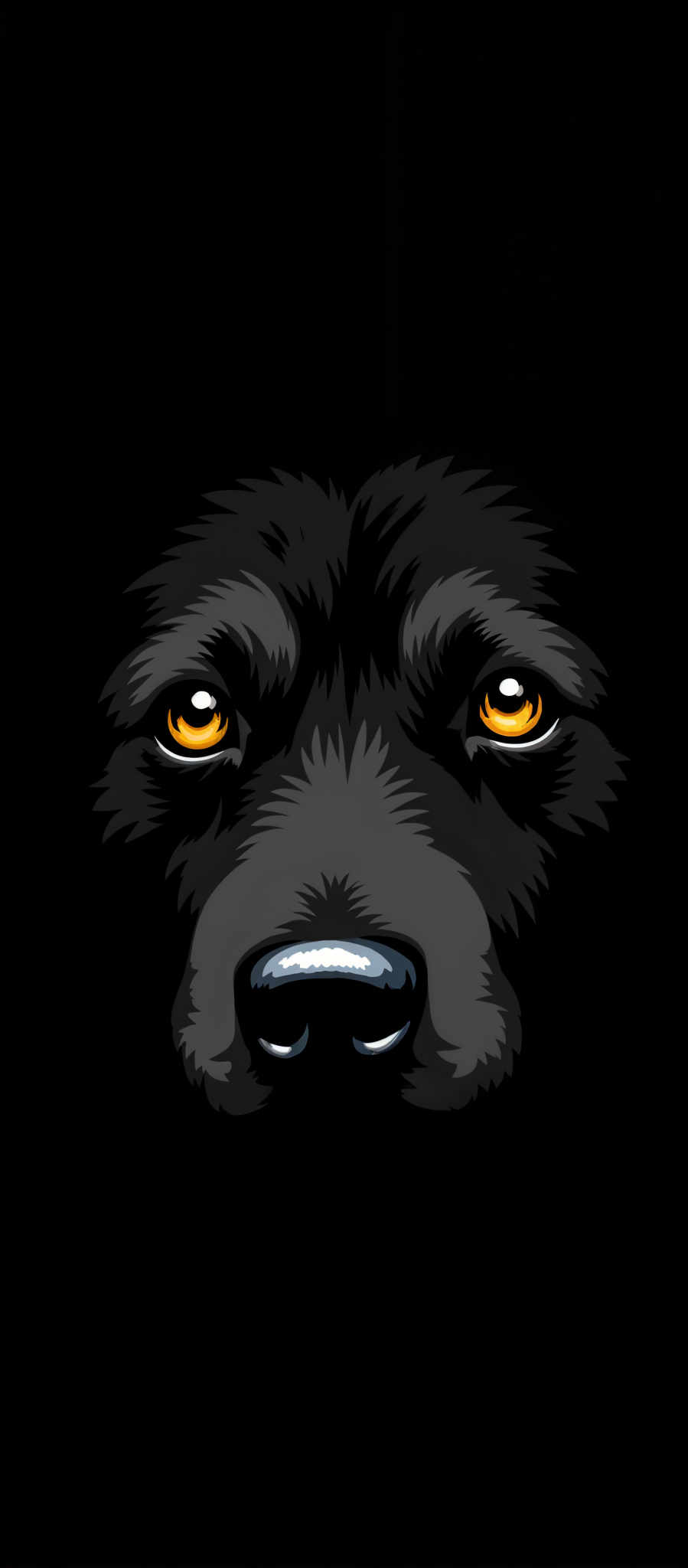 The image presents a striking illustration of a black dog's face. The dog's eyes a vibrant yellow are wide open giving it an alert and attentive expression. Its nose is a deep black adding to the overall intensity of the image. The fur of the dog is depicted in a realistic black color with white highlights that give it a glossy and healthy appearance. The background is a stark black which contrasts with the dog's features and makes them stand out. The art style is realistic with a focus on the dog as the main subject. The image does not contain any text or other objects. The relative position of the features is typical for a dog's facial structure with the eyes above the nose and the nose above the mouth. The overall composition of the illustration is balanced and centered drawing the viewer's attention directly to the dog.