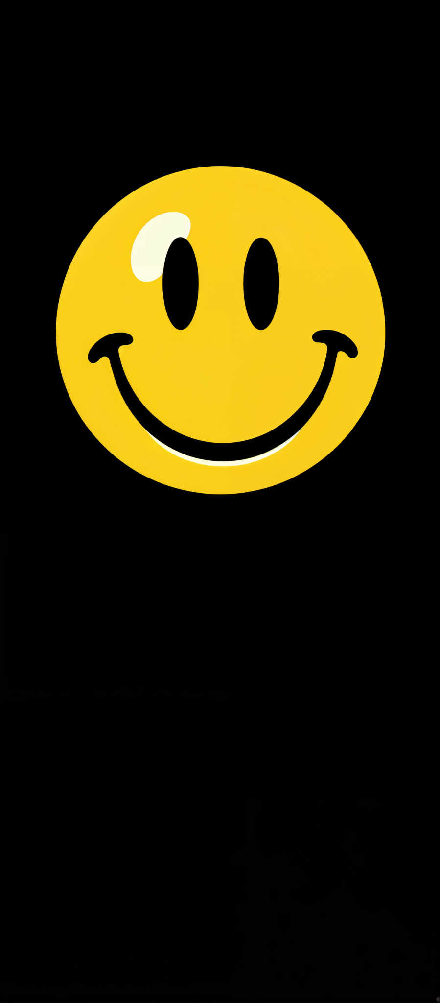 The image presents a cheerful and vibrant scene. Dominating the center of the image is a large yellow smiley face. The smiley's eyes are black and its mouth is white creating a striking contrast against the yellow background. The face is slightly tilted to the left adding a playful touch to the overall composition. The image is set against a black background which further accentuates the yellow smile and makes it stand out. The simplicity of the design and the use of bold colors evoke a sense of positivity and joy.