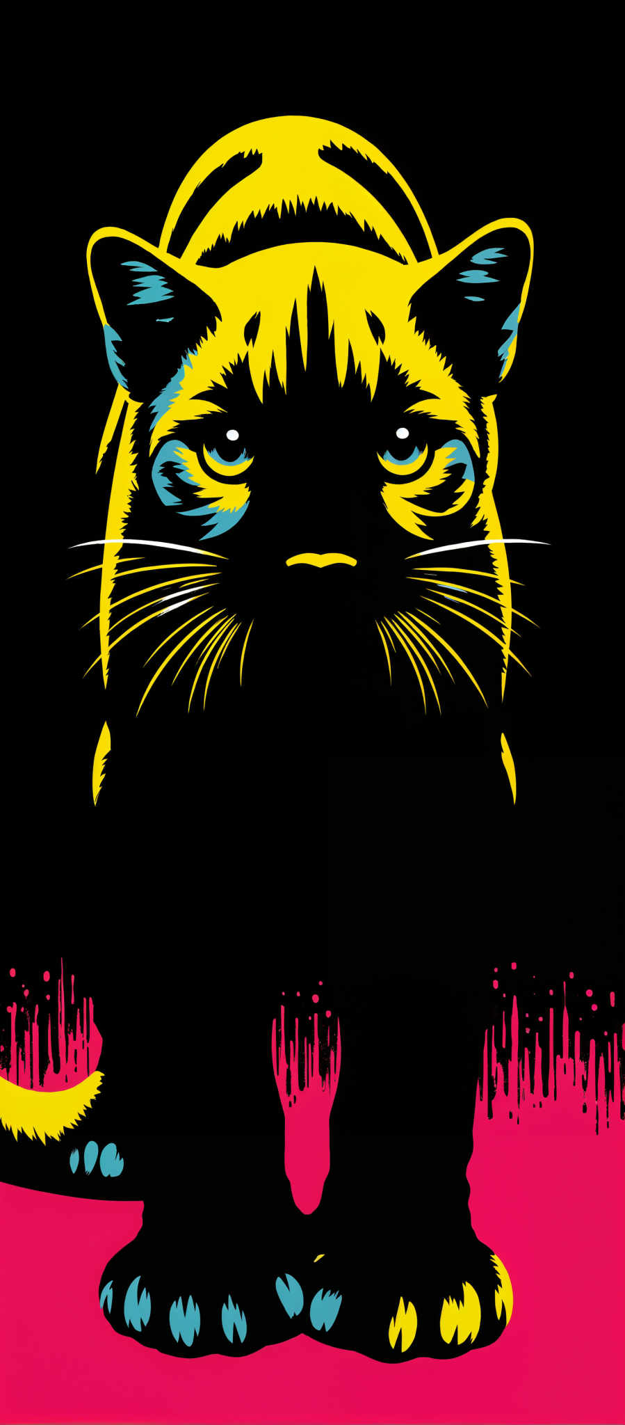 The image presents a striking illustration of a cat's face rendered in a surreal art style. The cat's eyes are a vibrant blue contrasting with its black nose and whiskers. The fur is depicted in a mix of yellow and black adding to the overall intensity of the image. The background is a stark black punctuated by pink and yellow lines that add a sense of depth and dynamism. The image does not contain any discernible text or additional objects. The focus is solely on the cat's expressive face making it a captivating piece of art.