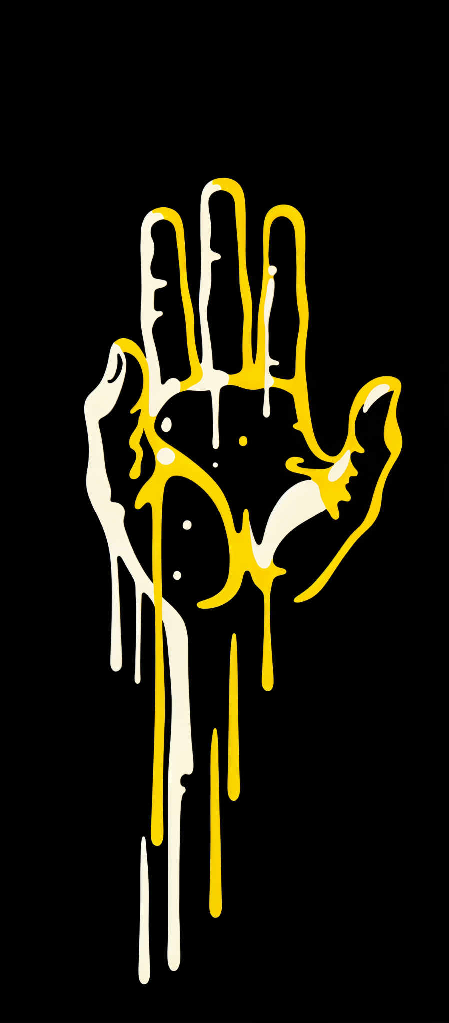 The image presents a striking visual of a hand rendered in a minimalist art style. The hand is depicted in a classic gesture with the fingers pointing upwards as if reaching for something. The fingers are connected by yellow lines creating a sense of unity and movement. The background is a stark black which contrasts with the hand and accentuates its form. The image is rendered in white and yellow with splatters of yellow paint on the hand adding a dynamic element to the composition. The overall effect is a powerful and evocative piece of art.