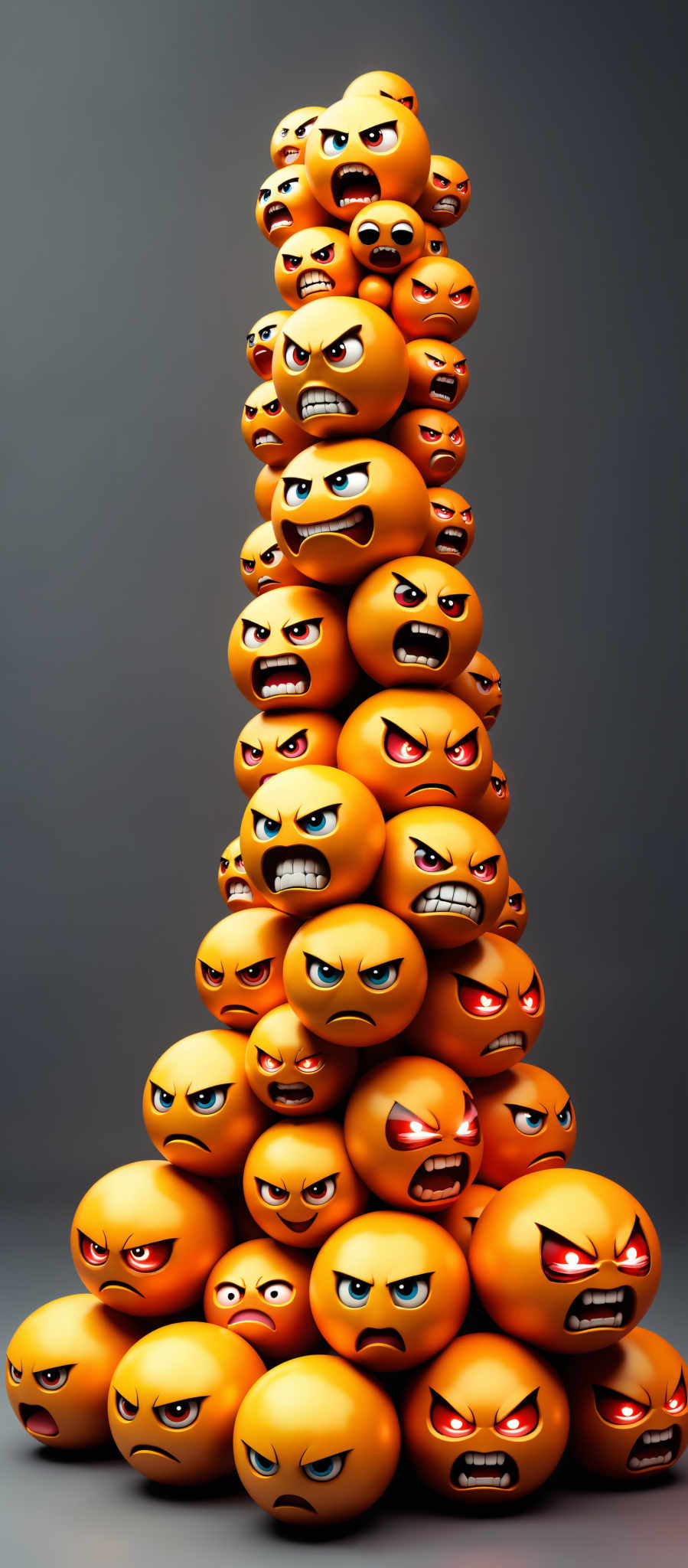 The image presents a captivating scene of a pyramid-like formation of 24 orange emotive faces. Each face is unique expressing a range of emotions from anger and sadness to happiness and surprise. The faces are stacked on top of each other creating a sense of depth and dimension. The background is a dark gray color providing a stark contrast to the vibrant orange of the faces. The art style is reminiscent of a 3D rendering adding a modern and dynamic feel to the composition. The subject of the image is the collection of faces and the motif is the exploration of emotions and expressions. The image does not contain any text or other discernible objects. The relative positions of the objects remain consistent throughout the pyramid-like structure with each face positioned directly on top or to the side of the one below it. The overall composition is balanced and harmonious with the orange faces standing out against the dark background.