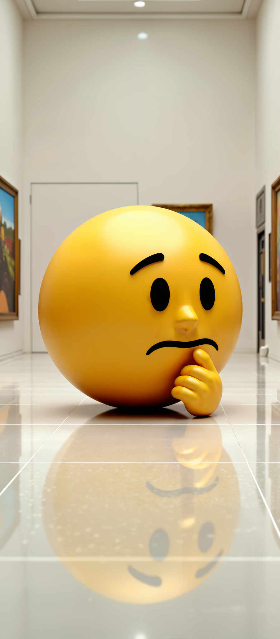 A large yellow rubber ball with a sad face is sitting on a white floor. The ball is positioned in front of a white door and two paintings. The paintings are hung on the wall and depict a landscape and a cityscape. The art style of the paintings is realistic and the colors are vibrant. The subject of the image is the large sad ball and its motif is the contrast between the cheerful playful nature of the ball and the serious urban scenes depicted in the paintings.