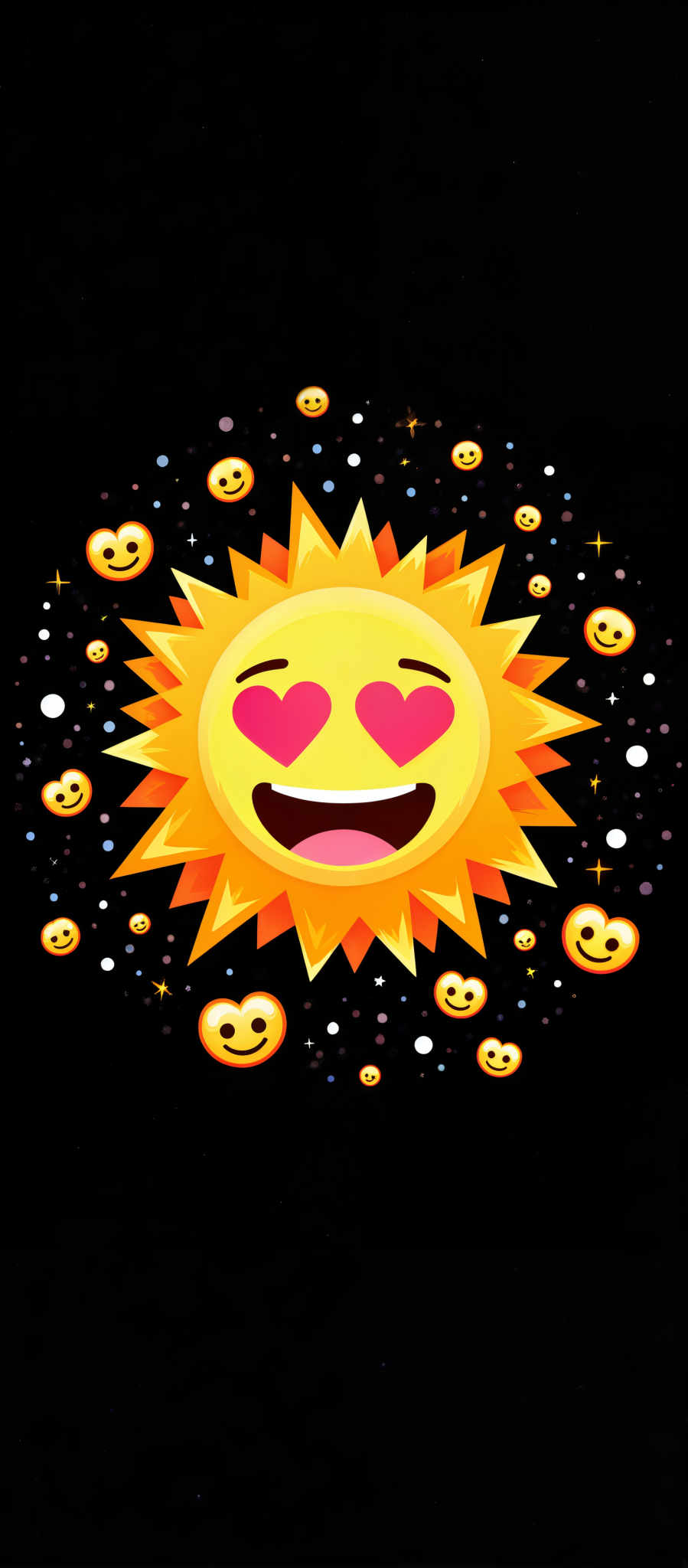 The image presents a vibrant and cheerful scene. Dominating the center is a large yellow sun with a big friendly smile. The sun is anthropomorphized with two red hearts floating above its eyes symbolizing love and happiness. 

Surrounding the sun is a constellation of smaller orange and yellow stars creating a sense of depth and space. These stars are scattered around the sun adding to the overall brightness of the image.

Adding a playful touch to the scene there are numerous small orange smiley faces scattered throughout the image. These faces along with the sun's smile create a joyful and positive atmosphere.

The background is a stark black which contrasts with the bright colors of the sun and stars making them stand out even more. This contrast also adds a sense depth to the background making it appear as if the sun could be shining brightly in the night sky.

Overall the image is a delightful representation of happiness and positivity with its bright colors cheerful characters and joyful theme.