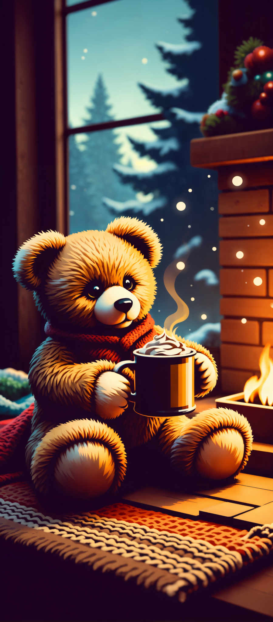 The image portrays a charming scene of a teddy bear enjoying a warm drink. The teddy with its golden fur and black eyes is sitting on a wooden floor. It's wearing a cozy red scarf and holding a black mug with a white handle. The mug is filled with a frothy white drink and a brown straw is visible. The background features a brick wall with a fireplace adding to the warm and inviting atmosphere. The art style is reminiscent of a children's book illustration evoking a sense of nostalgia and comfort. The subject of the image is the teddy and its drink while the motif is the cozy and comforting setting. The colors used are warm and soothing with the golden fur of the ted bear the red scarf and the white drink creating a harmonious palette. The black mug and the brick wall provide a nice contrast adding depth to the scene. The image does not contain any text.