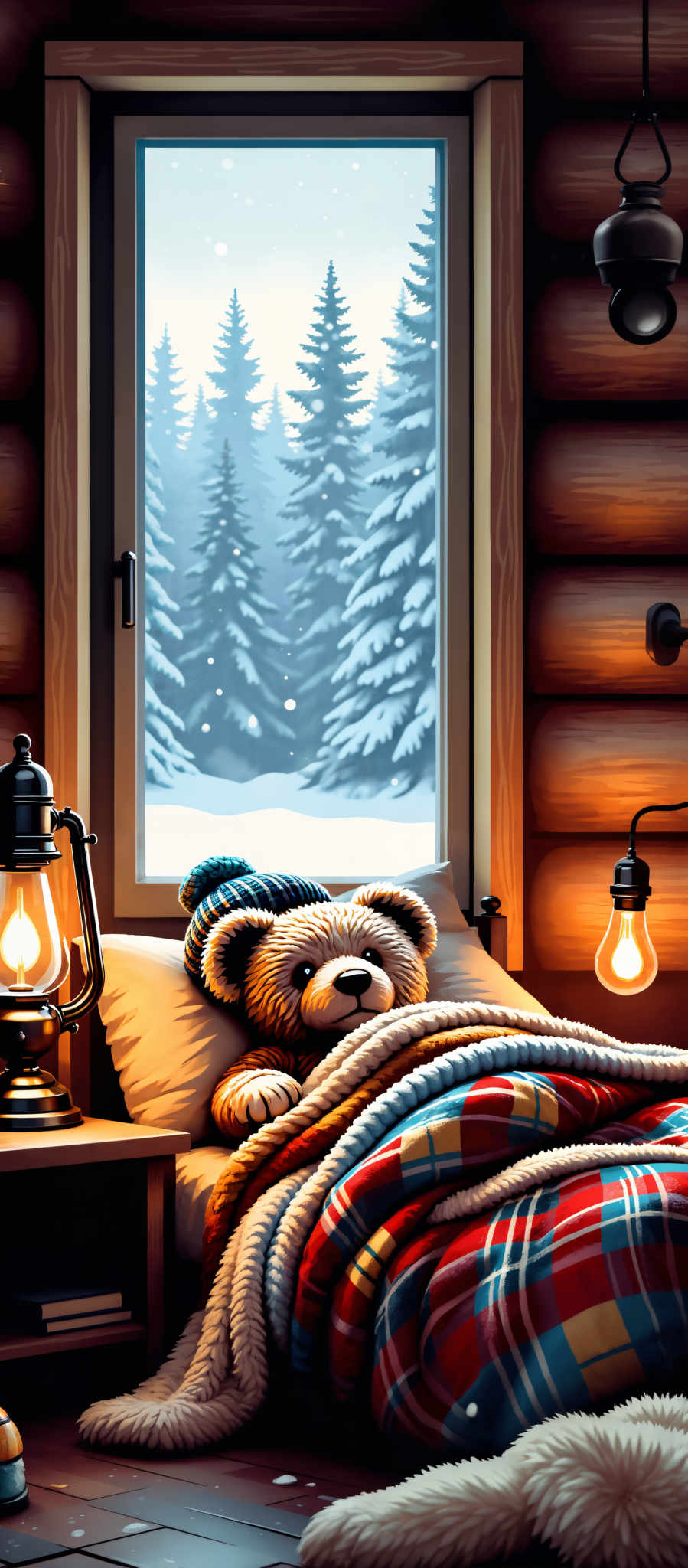 A cozy scene is depicted in this image. A teddy bear the main subject is comfortably lying on a bed. The teddy is dressed in a blue and white striped sweater adding a touch of warmth to the scene. The bed is covered with a red and blue plaid blanket which contrasts nicely with the teddy's attire.

The room is dimly lit creating a calm and relaxing atmosphere. A lamp is turned on casting a soft glow that illuminates the room. The light from the lamp is reflected in the window adding depth to the room.

The window is open revealing a snowy landscape outside. The snow-covered trees and the clear blue sky create a serene and peaceful backdrop to the indoor scene. Despite the cold outside the ted bear seems content and at ease in its warm and cozy room.

This image captures a moment of tranquility and comfort contrasting the warmth of the indoor setting with the coldness of the snowy landscape. The art style is realistic with careful attention to detail in the depiction of the tedd bear its clothing and the surrounding environment. The subject of the image is the ted teddy and its position on the bed and the open window suggest a sense of adventure and exploration. The motif of the scene is one of comfort and relaxation with the warm and inviting room serving as a refuge from the cold and snowy world outside.