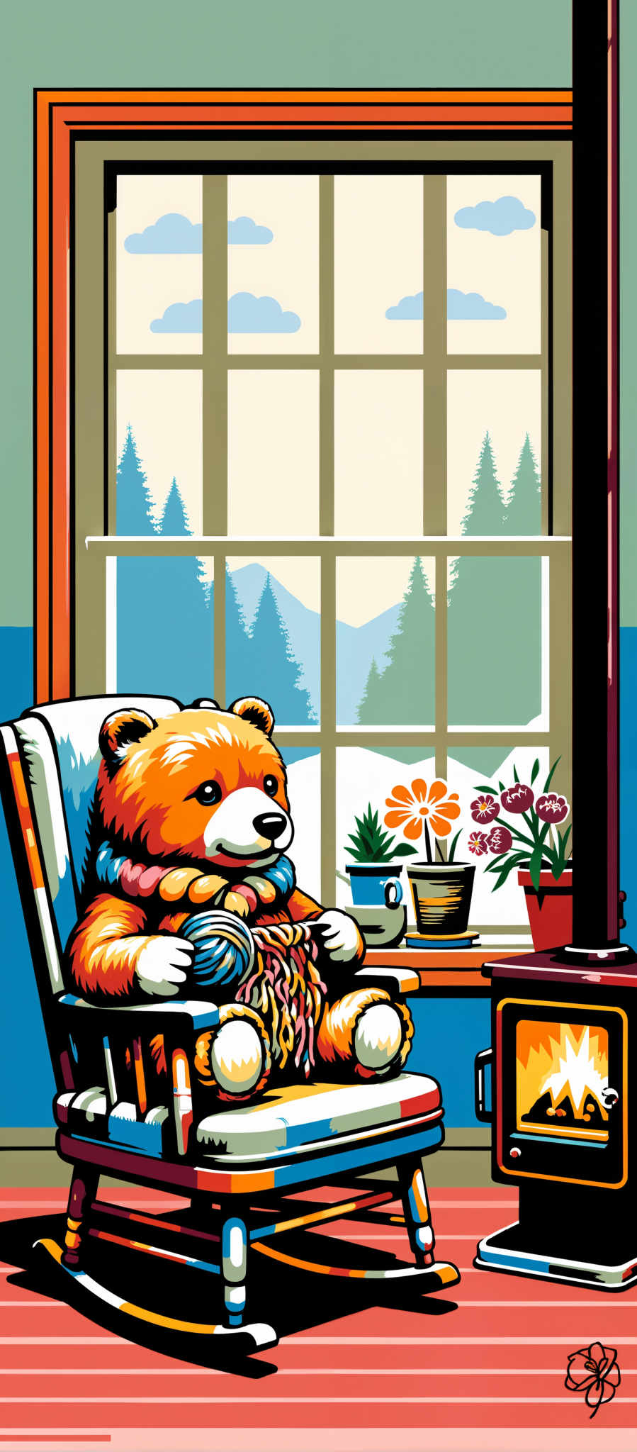 The image portrays a cozy scene of a teddy bear sitting in a chair. The teddy with its brown fur and a red scarf is holding a ball of yarn in its paws suggesting it might be engaged in a knitting activity. The chair painted in a soothing shade of blue is positioned in front of a window. The window is adorned with a green curtain and features a picturesque view of a snowy landscape with trees. On the windowsill there are two vases one holding orange flowers and the other purple flowers adding a pop of color to the scene. The art style of the image is reminiscent of a painting and the overall mood conveyed is one of warmth and comfort.