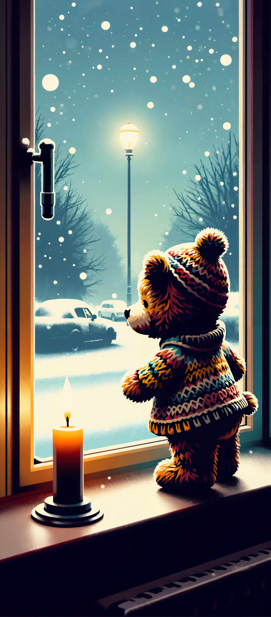 A teddy bear in a colorful sweater stands in front of a window looking out at a snowy street. The teddy is wearing a colorful striped sweater and a hat with a pom pom on top. The window is open and the teddy appears to be watching the snowflakes fall. The street outside is covered in snow and there are cars parked along the curb. The scene is peaceful and serene with the teddys colorful attire standing out against the white snow. The art style is realistic and this image captures a quiet moment of a teddy watching the world go by.