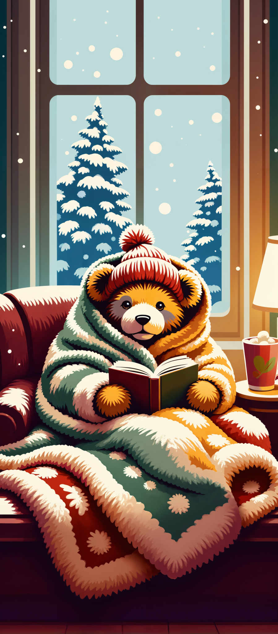 A cozy scene features a teddy bear the embodiment of comfort and warmth snuggled up in a blanket. The teddy is holding a book suggesting a quiet moment of reading and relaxation. The bear is wearing a hat adding to the sense of coziness. The setting is a living room with a window in the background that offers a view of a snowy landscape evoking a sense of tranquility and peace. The art style is reminiscent of a children's book illustration with bright colors and a charming whimsical style. The subject of the image is the teddy and the motif is the peaceful snowy scene outside the window.