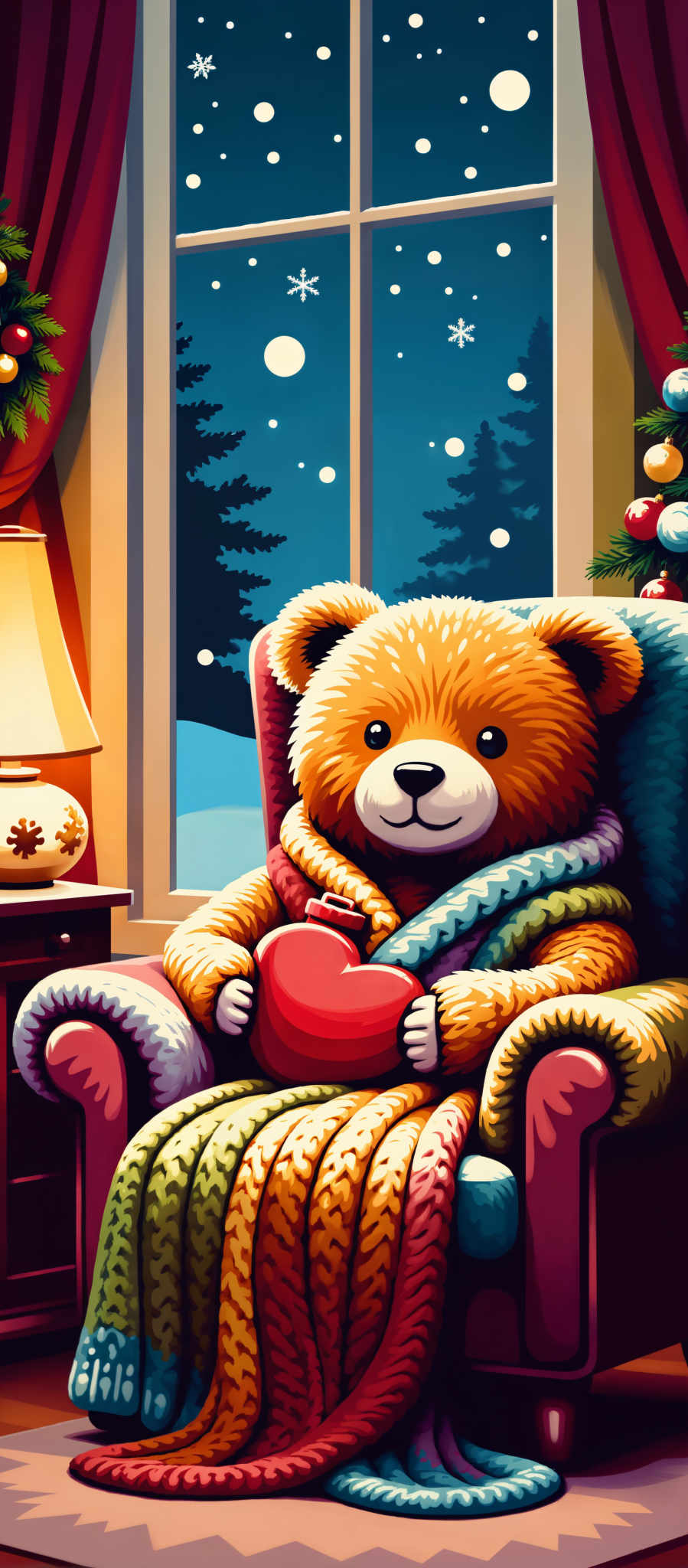 A charming teddy bear is the main subject of this image. The teddy with its rich brown fur is comfortably seated in a cozy chair. It's dressed in a warm red scarf and holds a red heart in its paws symbolizing love and affection. The chair is positioned in front of a window which offers a picturesque view of a snowy landscape adding a sense of tranquility to the scene. The art style is reminiscent of a watercolor painting with soft pastel colors that create a soothing atmosphere. The overall mood of the image is one of warmth comfort and love.