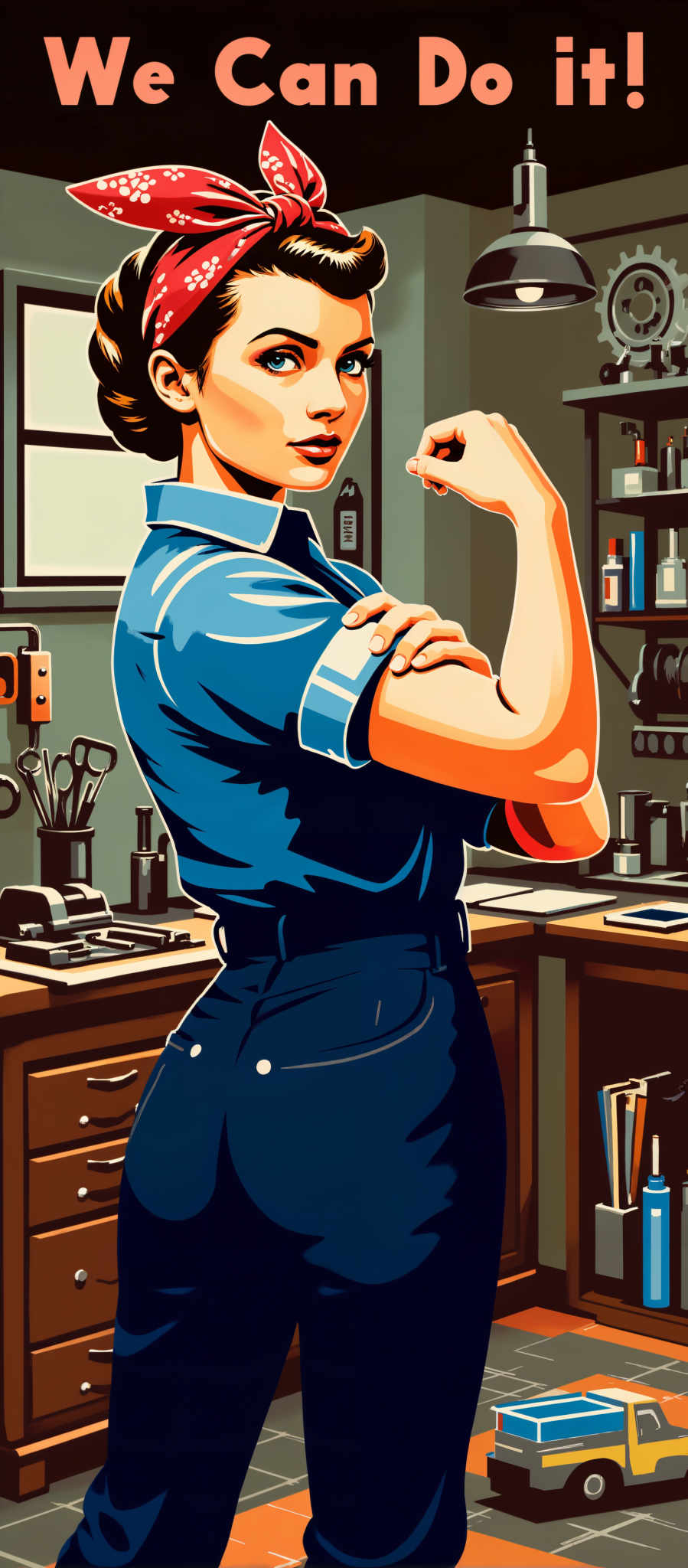 The image portrays a woman in a blue uniform her arms crossed in a confident stance. She stands in a kitchen her back to a counter filled with various objects. The art style is cartoon-like with bold colors and exaggerated proportions. The woman's uniform and the kitchen setting suggest a professional environment perhaps a restaurant or a bakery. The crossed arms could indicate a sense of authority or a protective stance. The kitchen counter filled with objects adds to the impression of a busy bustling workspace. The image is rich in detail and color creating a vibrant and engaging visual narrative.