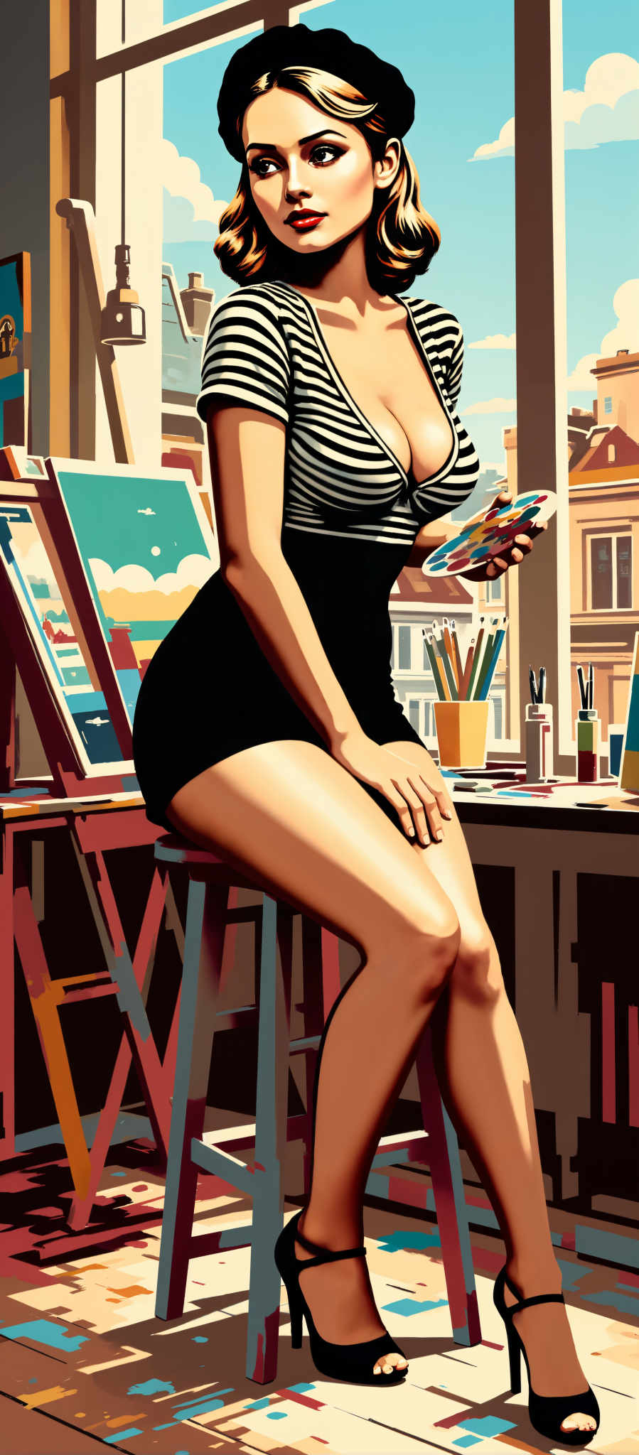 The image portrays a woman in a black and white striped dress sitting on a stool in an artist's studio. She is holding a paintbrush in her right hand and a palette in her left hand ready to create art. The studio is filled with various art supplies including paintbrushes pencils and a canvas. The colors in the image are predominantly black white and blue creating a calm and serene atmosphere. The art style is realistic capturing the details of the woman and the studio with precision. The subject of the image is the woman who is the main focus of the scene. The motif is the artist's creative process as she prepares to create a piece of art.