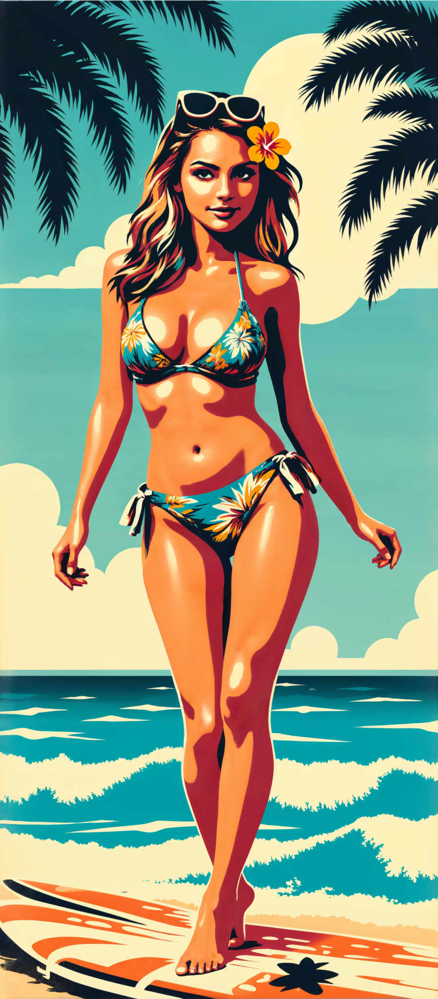 The image portrays a woman in a vibrant swimsuit standing on a beach. The swimsuit is a striking combination of blue and yellow adorned with a floral pattern. The woman's pose is confident and poised with her hands resting on her hips and her head slightly tilted to the side. The background is a serene depiction of the beach with the ocean and clouds adding depth to the scene. The art style is reminiscent of a vintage postcard with a focus on the woman and the beach. This image captures a sense of summer relaxation and confidence.