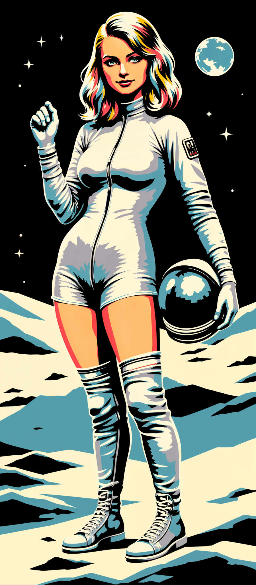 The image portrays a woman in a futuristic space suit. She is standing on a snowy mountain holding a helmet in her right hand. The suit is white and silver with a zipper running down the front. The helmet is black and silver. The background is a dark blue sky with stars. The art style is futuristic and the subject is a woman. The motif is space exploration. The colors are predominantly white silver black and blue. The woman appears to be ready for an adventure in the vast expanse of space.