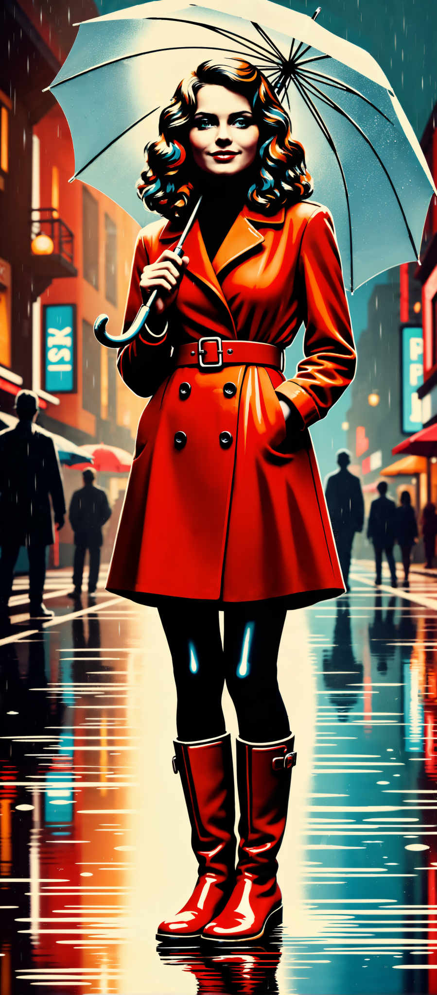 A woman in a vibrant red coat stands in the rain her umbrella held high. She is the central figure in this urban scene surrounded by a crowd of people. The cityscape is filled with buildings and signs creating a bustling atmosphere. The art style is reminiscent of a comic book with bold lines and bright colors. The woman's red coat contrasts with the muted colors of the city drawing the viewer's attention. Despite the rain and the busy surroundings she stands out embodying resilience and determination.