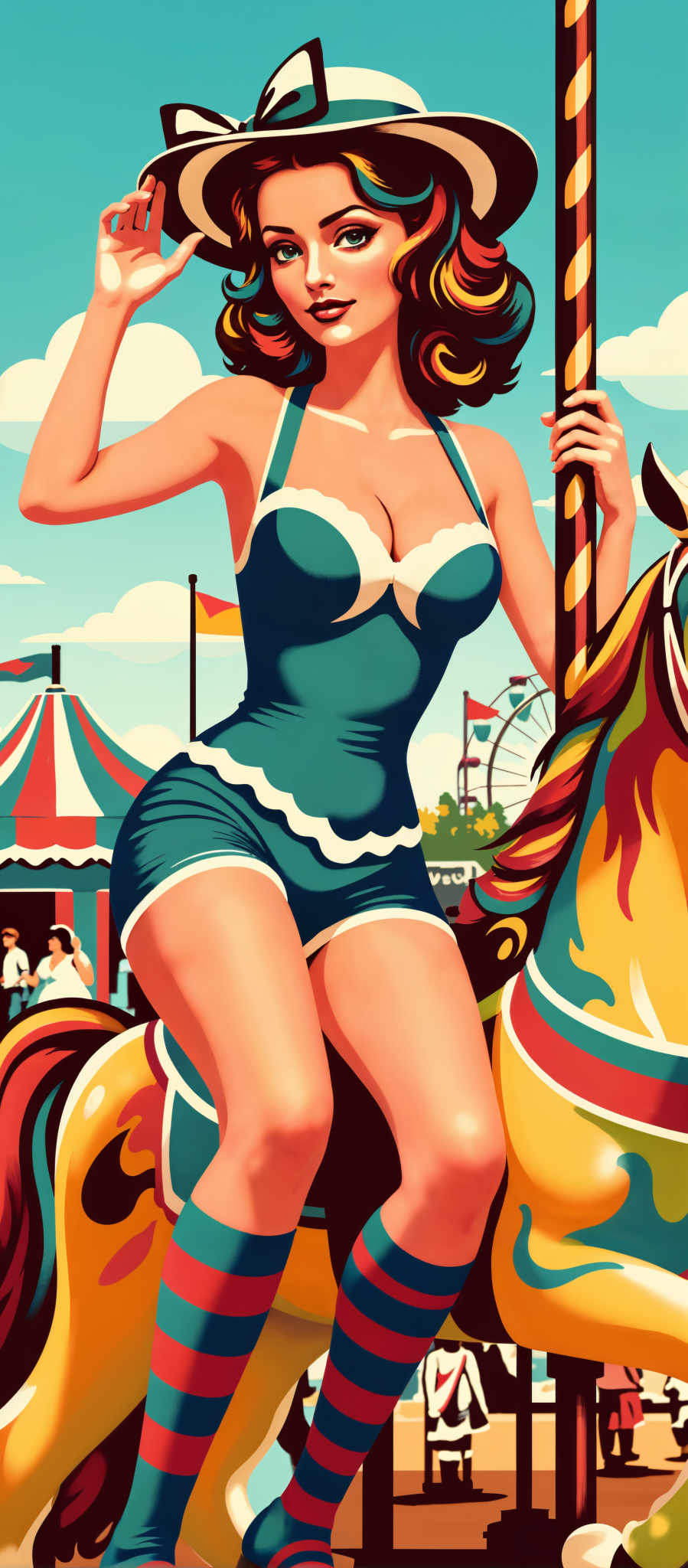 The image portrays a woman in a vibrant blue dress standing on a carousel horse. The woman is holding a pole and the carousel is adorned with colorful flags. The art style is reminiscent of the Fauvism movement characterized by bold colors and strong lines. The subject of the image is a woman and her attire and the setting suggest a sense of joy and freedom. The carousel and the flags add a festive and lively atmosphere to the scene. The image does not contain any text.