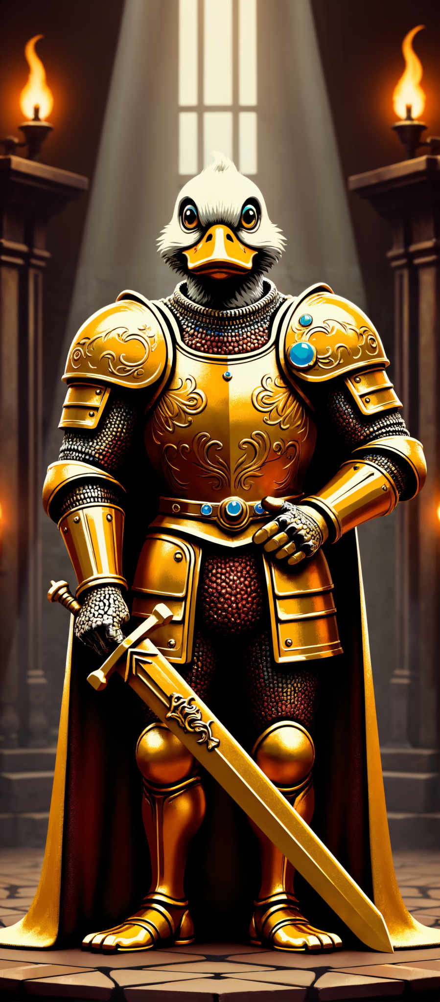 The image portrays a knight in full armor standing resolute and ready for battle. The knight's armor is a striking gold color adorned with intricate designs that add to its grandeur. The armor is complemented by a blue sash adding a touch of contrast to the golden hue. 

The knight is armed with a sword and a shield symbols of his readiness to defend and protect. The sword held firmly in his right hand gleams with the promise of victory. The shield held in his left hand stands as a testament to his strength and resilience.

The knight stands against a backdrop of a dark cave-like setting. The darkness of the cave serves to highlight the knight making him the focal point of the image. The cave's interior is illuminated by torches casting a warm glow that further accentuates the knight's golden armor.

The image is rendered in a realistic art style. The attention to detail in the knight and his surroundings is remarkable from the individual scales of the armor to the texture of the sword and shield. The overall effect is a powerful depiction of a knight ready to face whatever challenges lie ahead.