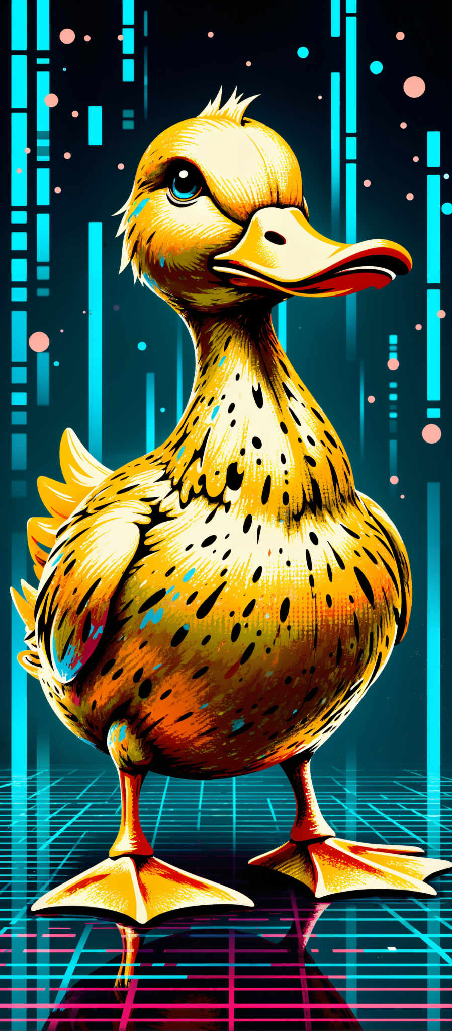 The image presents a vibrant scene featuring a yellow duck with black spots. The duck which is the central figure in the image is facing towards the right side. It has a blue beak and feet adding a contrasting color to its yellow body. The background is a dark blue adorned with white lines and circles creating a sense of depth and movement. The overall art style of the image is digital with a focus on the duck as the main subject. The image does not contain any text or other discernible objects. The relative position of the duck to the background suggests it is in the foreground making it the focal point of the composition. The colors the duck's orientation and the background elements all contribute to a dynamic and engaging visual experience.