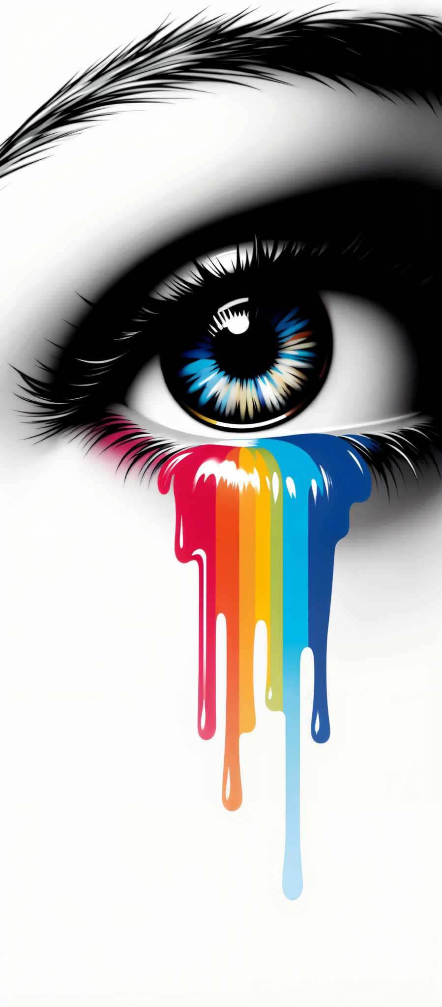 The image presents a striking visual of a tear drop which is the central focus. The tear drop is not just any ordinary tear drop; it's a vibrant mix of colors with hues of blue green yellow orange and red. It's as if the tear drop has been through a rainbow and now it's dripping down creating a sense of movement in the image.

The tear drop isn't floating in a void; it has a background that complements its colors. The background is a stark white which makes the colors of the tear pop even more. Adding to the visual interest there are black eyelashes in the background giving the impression that the tear is falling from an eye.

The art style of the image is quite unique. It has a digital feel to it with the colors appearing almost too vibrant to be real. The image is a beautiful blend of colors and shapes creating an emotional impact that's hard to ignore. It could be interpreted as a symbol of tears of joy or sadness depending on the viewer's perspective.