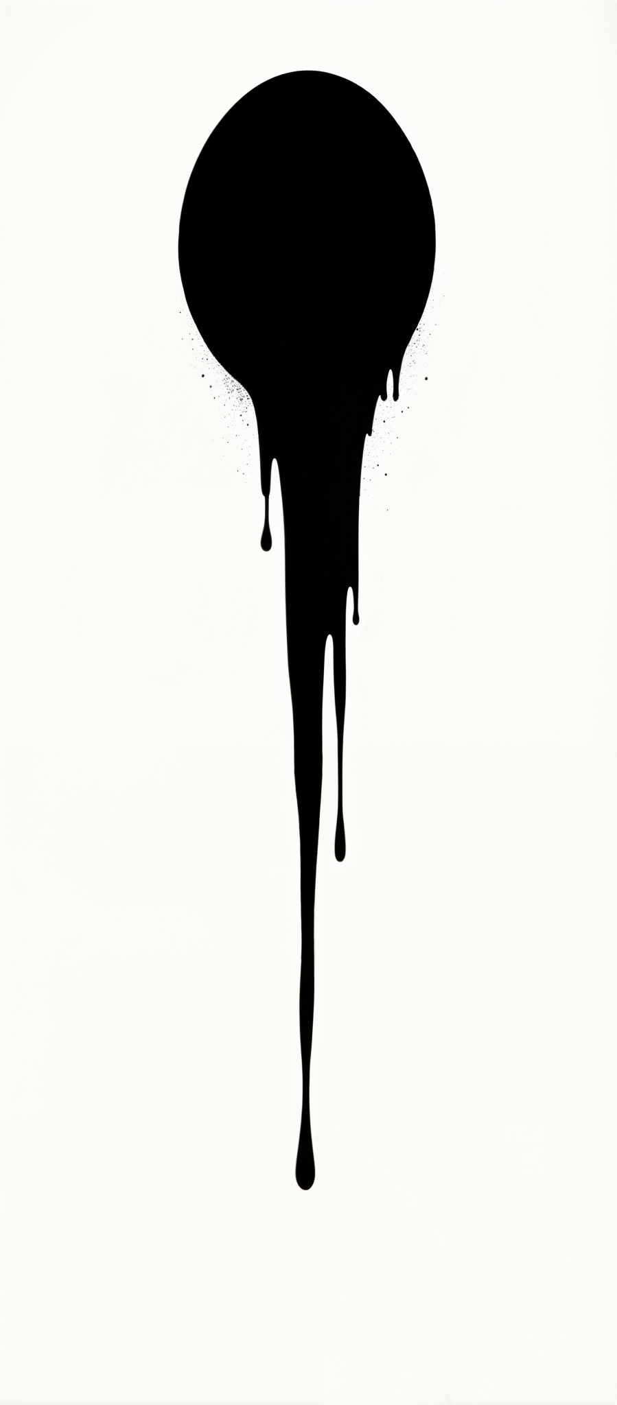 The image presents a striking scene of a black liquid dripping down a white background. The liquid which appears to be ink or paint is in motion creating a sense of dynamic movement. The droplets of the liquid are scattered throughout the image adding texture and depth to the otherwise stark white background.

The art style of the image is reminiscent of abstract expressionism a genre known for its emphasis on spontaneous automatic or subconscious creation. The subject of the artwork is the dripping liquid a common motif in abstract expressionist art. The use of black and white colors in the image further enhances the dramatic effect of the dripping ink or pain creating an intense visual experience.

The image does not contain any discernible text or countable objects. The relative positions of the droplets vary as they fall from the top of the frame towards the bottom creating lines and shapes that guide the viewer's eye across the image. The overall composition of the painting is balanced with the white background providing a stark contrast to the black liquid. The image does an excellent job of capturing the essence of abstract art with its emphasis of form and color over representation.