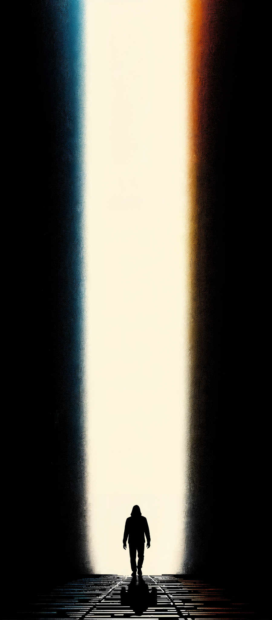 The image presents a striking contrast of black and white with a vertical line of light that bisects the frame. The light appearing as a bright white streak is positioned centrally and extends from the top to the bottom of the image. The background is a deep black providing a stark contrast to the luminous light. The image is captured in a vertical orientation further emphasizing the vertical line formed by the light. There are no discernible objects or text within the image and the focus is solely on the interplay of light and shadow. The overall effect is one of simplicity and minimalism with the light serving as the sole source of visual interest.