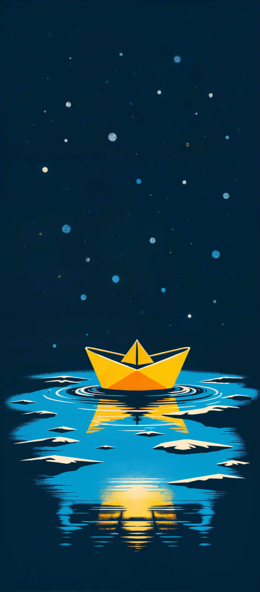 A yellow boat with a blue sail is floating on a body of water. The boat is surrounded by blue ripples and is set against a dark blue background. The scene is illuminated by white stars. The art style is reminiscent of a painting and the subject is a boat. The motif is a peaceful night scene with a boat sailing on a calm body of dark blue water.