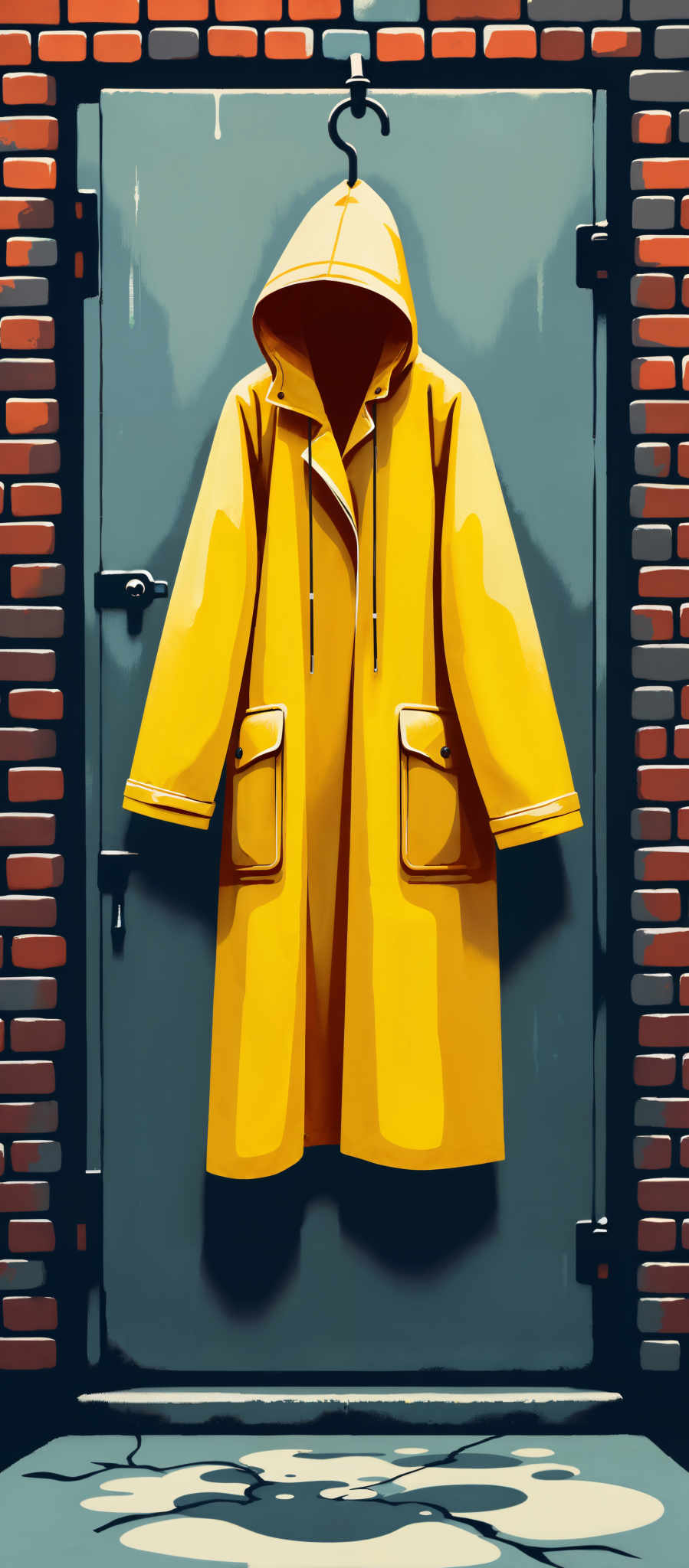 The image portrays a vibrant yellow trench coat hanging on a brick wall. The coat with its two front pockets and a zipper running down the front exudes a sense of warmth and comfort. The brick wall featuring a black door provides a stark contrast to the coat's bright hue. The art style of the image is reminiscent of pop art characterized by bold colors and simple forms. The subject of the artwork is the coat while the brick wall and black door serve as the backdrop. The motif of the piece is the juxtaposition of the bright cheerful coat against the dark industrial brick wall - a striking visual contrast.