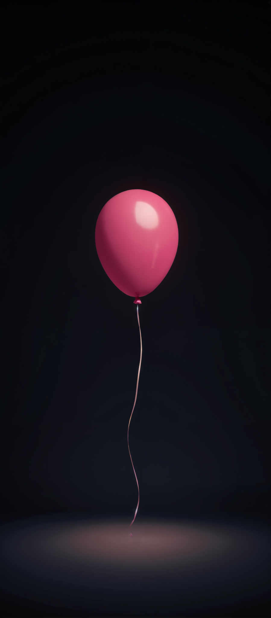 A single vibrant pink balloon floats in the center of the image its string trailing down to the bottom. The balloon is the sole focus of the composition its bright color contrasting sharply against the stark black background. The image is devoid of any other objects emphasizing the balloon's isolation. The simplicity of the scene evokes a sense of calm and tranquility. The art style is minimalistic with the balloon and its string being the only elements present. The subject of the photo is the balloon and the motif is the contrast between the balloon (a symbol of celebration and joy) and the black background (a representation of emptiness and solitude). The image does not contain any text or other discernible details. The overall impression is one of simplicity and tranquillity.