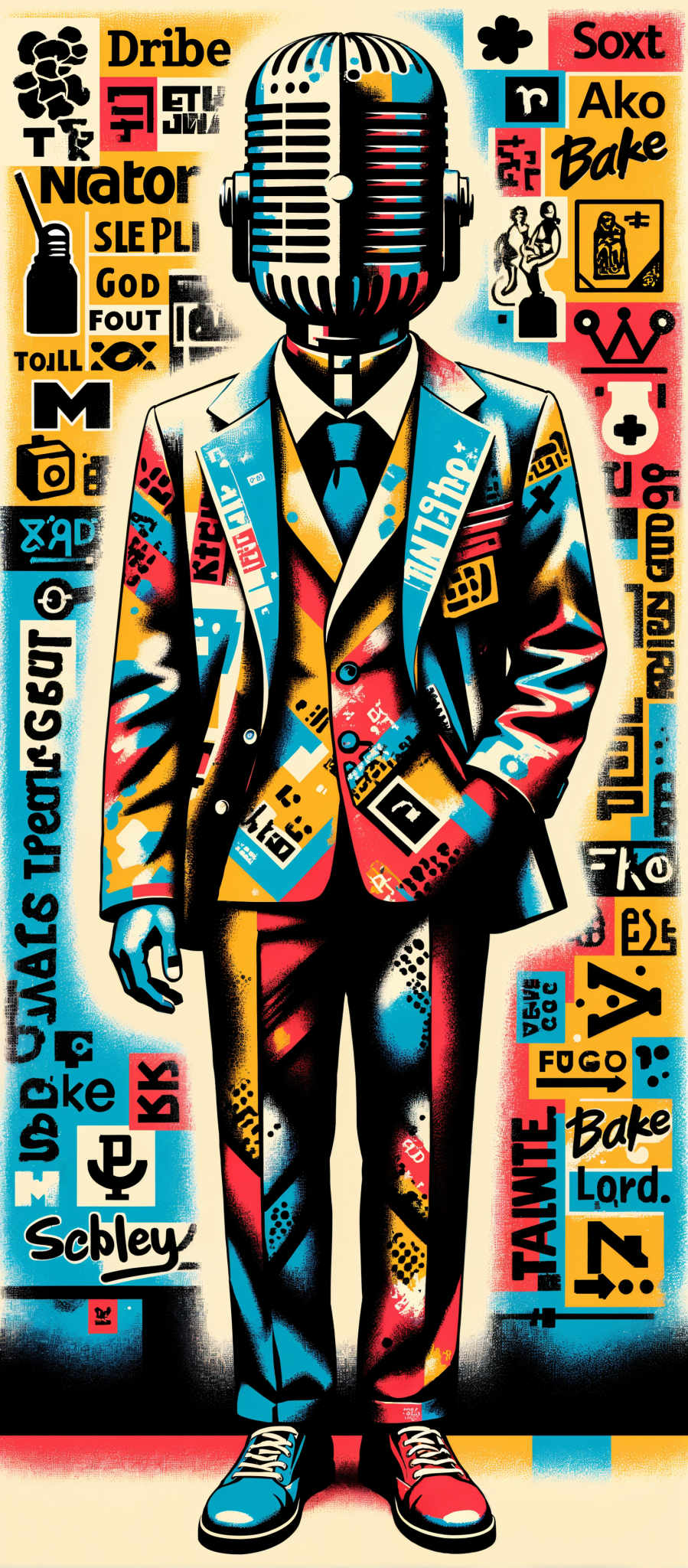 The image portrays a man dressed in a suit standing against a vibrant background. The suit is a blend of blue red and yellow hues giving it a lively and dynamic appearance. The man's hands are casually tucked into his pockets suggesting a relaxed demeanor. The background is a riot of colors with various shapes and patterns adding to the overall complexity of the image. The art style is abstract with bold lines and geometric shapes dominating the scene. The subject of the painting is the man who is the central figure in this colorful composition. The motif is a celebration of color and form with the man's suit and the background's abstract shapes and colors creating a visually striking image.