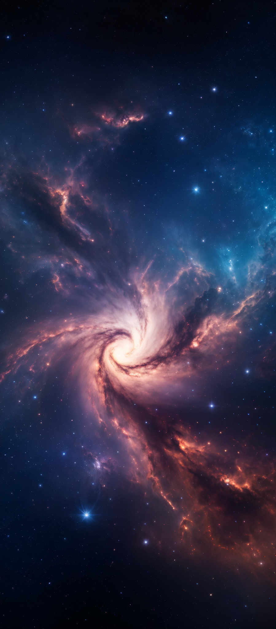 The image showcases a mesmerizing cosmic scene with a dominant spiral galaxy at its center. The galaxy is illuminated with a brilliant white light, emanating a radiant glow that contrasts with the surrounding dark space. Surrounding the galaxy are swirling clouds of gas and dust, painted in hues of deep blue, fiery orange, and soft pink. These nebulous formations appear dynamic, with bright star-forming regions and darker, more mysterious patches. The vastness of space is punctuated by distant stars, some of which are brighter than others, adding depth and dimension to the scene.