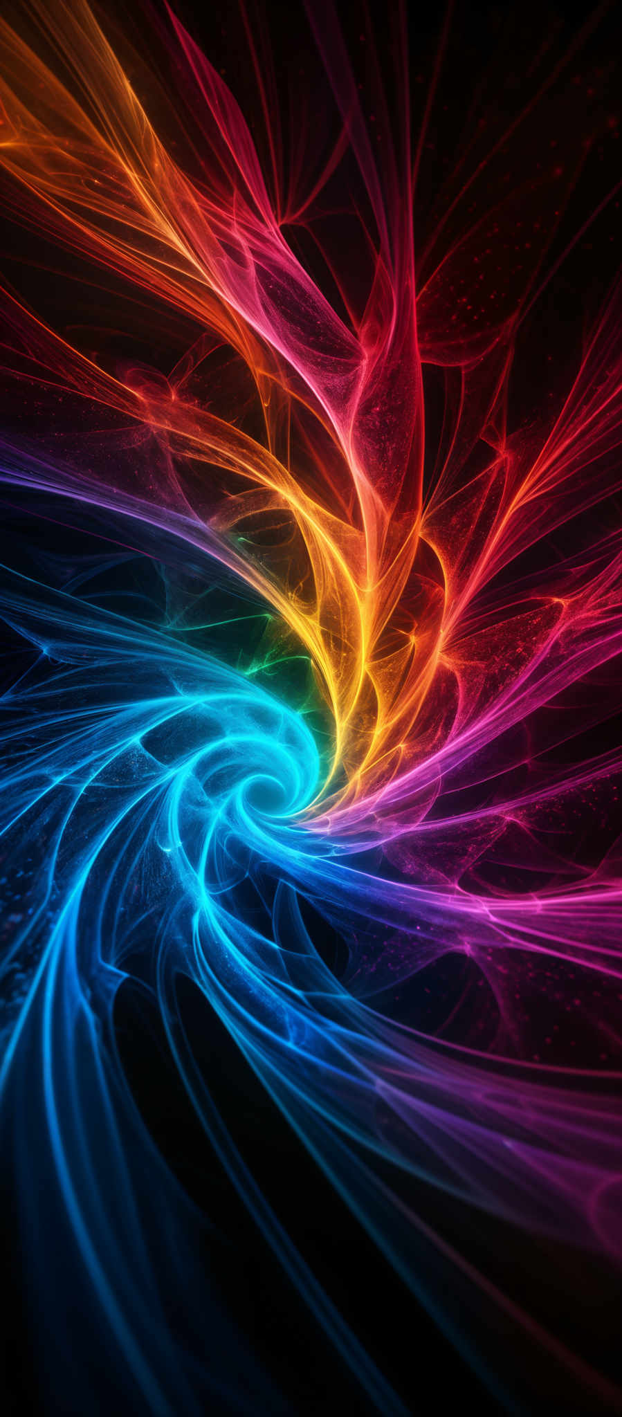 The image showcases a vibrant and dynamic swirl of colors. At the center, there's a bright blue spiral that radiates outwards, intertwined with streaks of orange, red, and purple. These colors give the image a fiery and energetic feel. The swirls are intricate and appear to be made of light or energy, creating a mesmerizing effect. The background is dark, which accentuates the brightness and vibrancy of the colors.