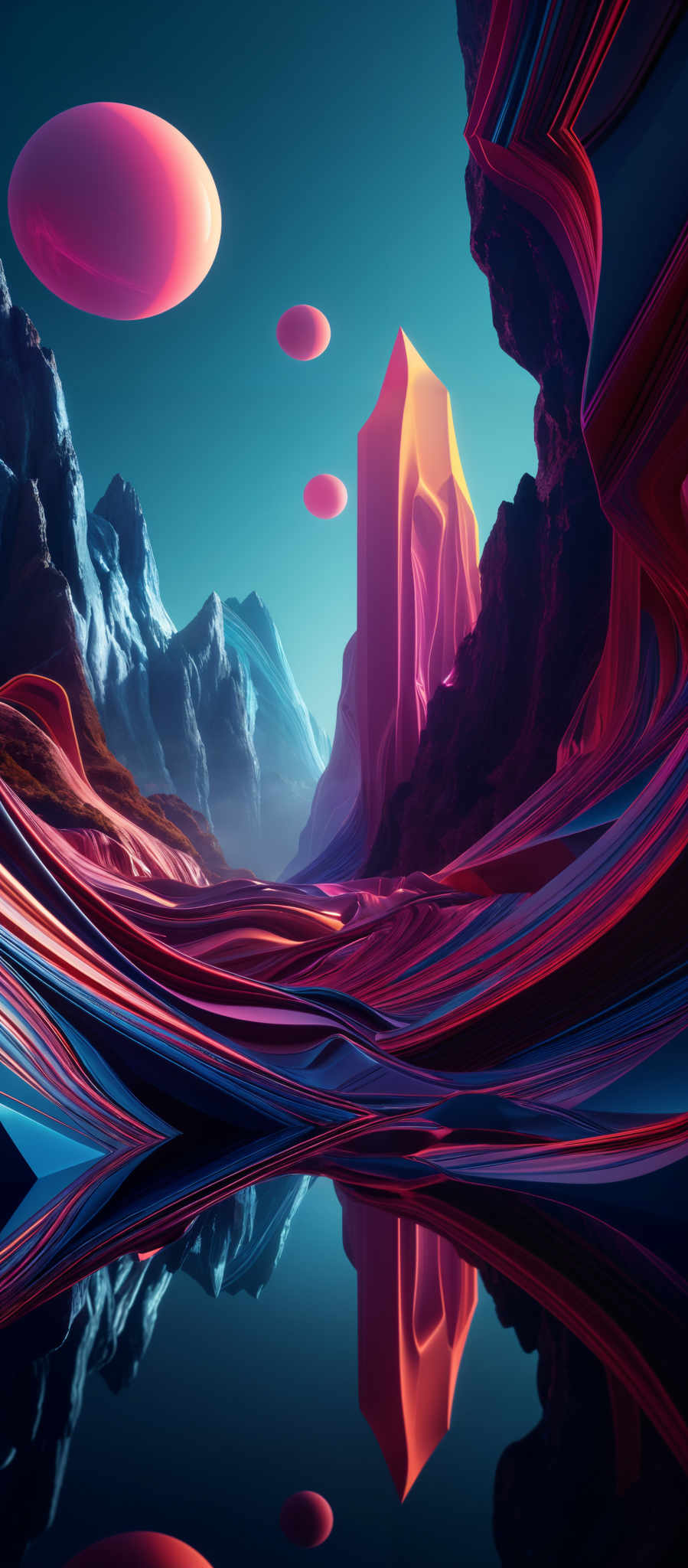 The image showcases a vibrant and surreal landscape. Dominating the scene are towering rock formations, some of which are jagged and others smooth. These formations are bathed in hues of pink, orange, and blue, giving them a luminescent quality. Above the landscape, there are several large, round, and pinkish celestial bodies floating in the sky. The sky itself is a deep shade of blue, contrasting with the bright colors of the land. In the foreground, there's a serene body of water reflecting the colors and shapes of the surroundings. The overall ambiance of the image is dreamlike and otherworldly.