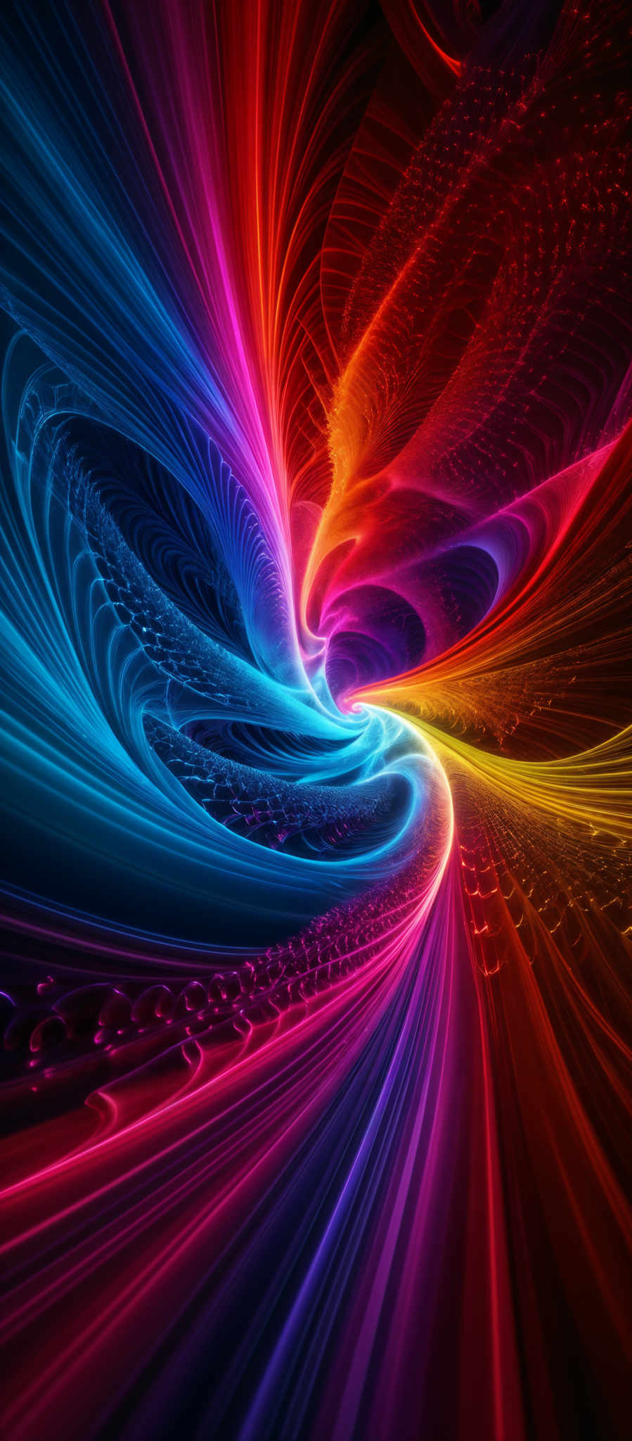 The image showcases a vibrant and dynamic fractal design. It features a myriad of colors, including deep blues, radiant reds, and fiery oranges. The design is characterized by intricate patterns and swirls that converge and diverge in a mesmerizing manner. The shapes are fluid and organic, reminiscent of flowing water or swirling gases. The overall effect is both mesmerising and visually stunning, evoking a sense of movement and energy.