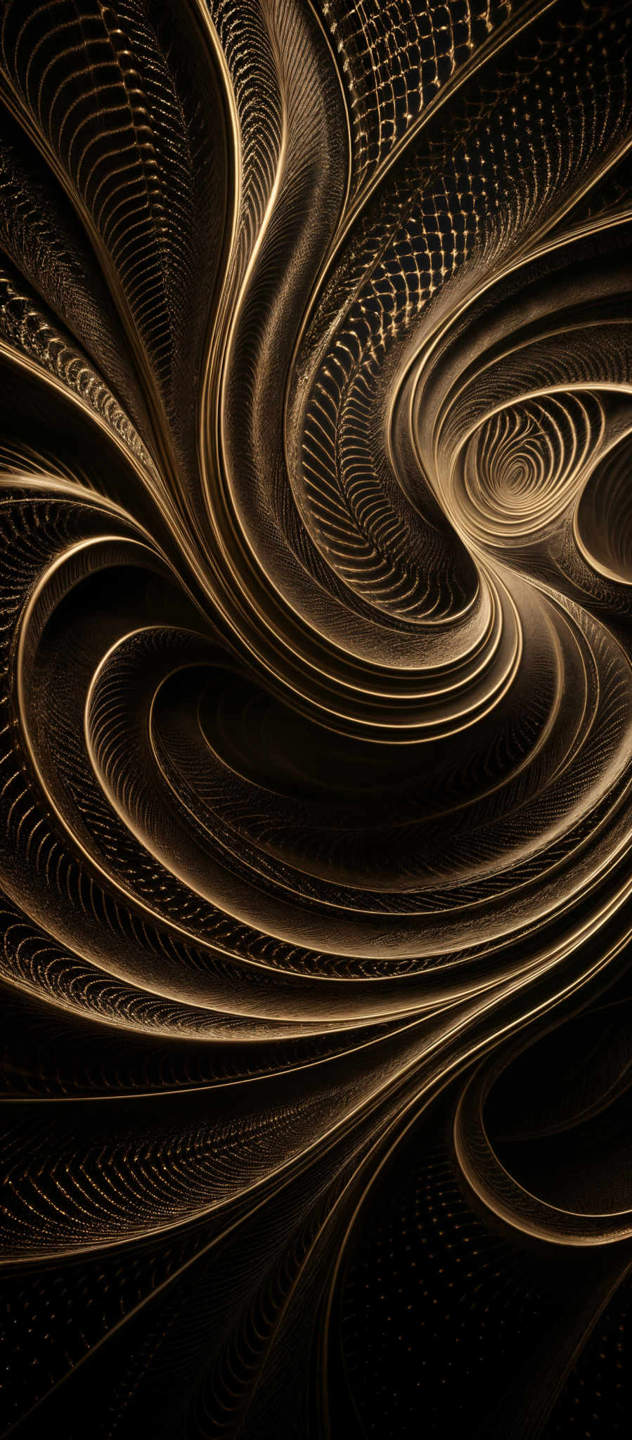 The image showcases a mesmerizing interplay of swirling patterns in a deep, dark hue. The patterns are intricate, with repetitive, interconnected lines and curves that form an almost organic, fluid-like structure. The color palette is dominated by deep browns and blacks, punctuated by lighter, golden accents that give the image a sense of depth and dimension. The swirls and patterns seem to be interwoven, creating a harmonious balance between light and dark.