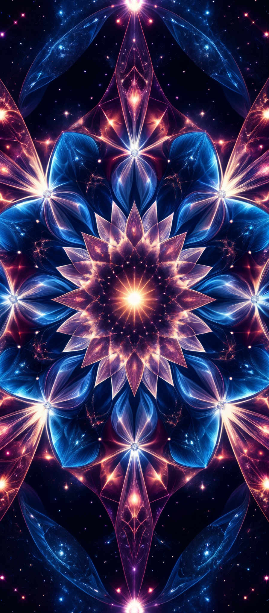 The image showcases a vibrant and intricate design that appears to be a cosmic or celestial pattern. It features a central star-like entity surrounded by symmetrical patterns made up of swirling blue and orange lights. These lights form a complex mandala-like structure, with multiple layers and curves that radiate outwards. The background is dark, possibly representing space, and is dotted with tiny white specks that could be interpreted as distant stars or galaxies.