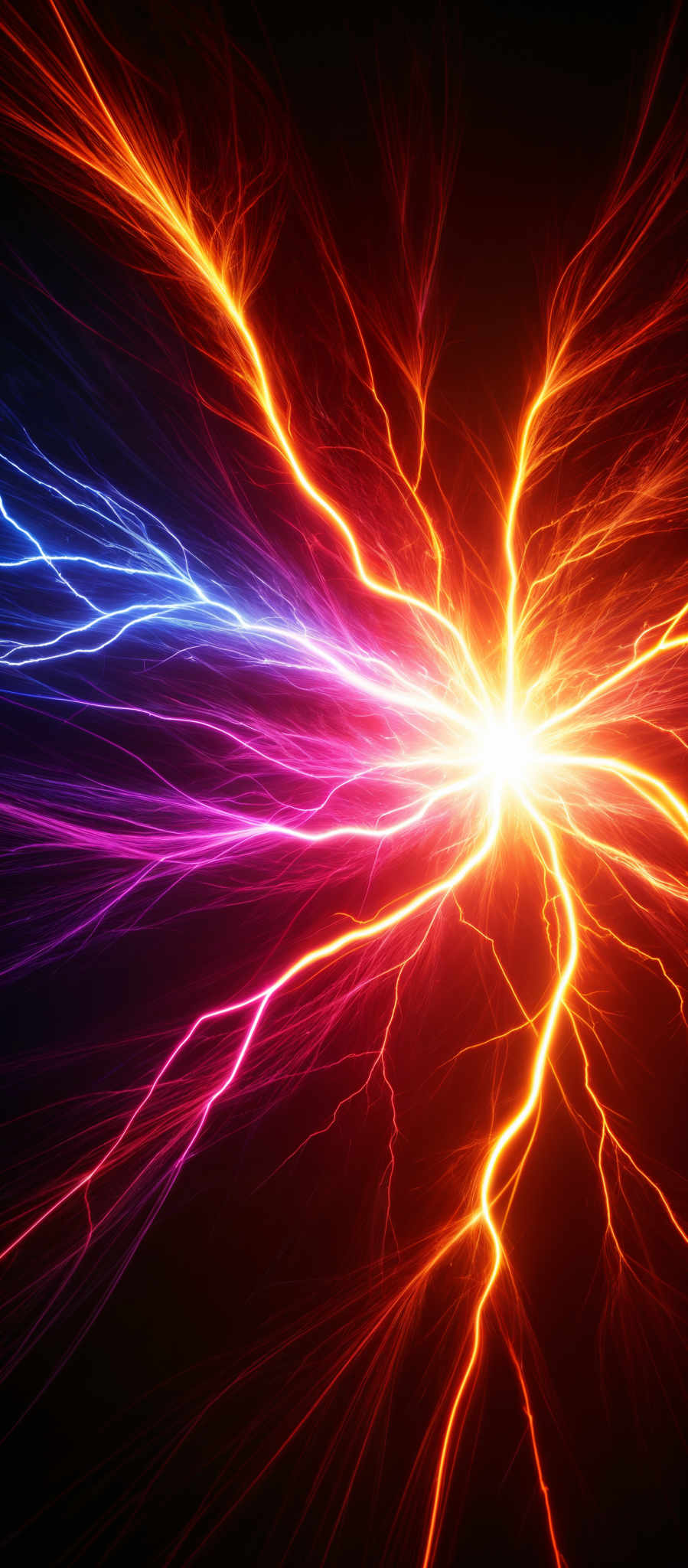 The image showcases a vibrant and dynamic display of electricity or energy. It features a central point from which multiple tendrils of lightning-like streaks emanate in all directions. These streaks are color-coded, with one side being a bright, fiery orange and the other side a cool, icy blue. The tendrals converge towards the center, creating an explosive effect. The background is dark, which accentuates the brightness and intensity of the colors.