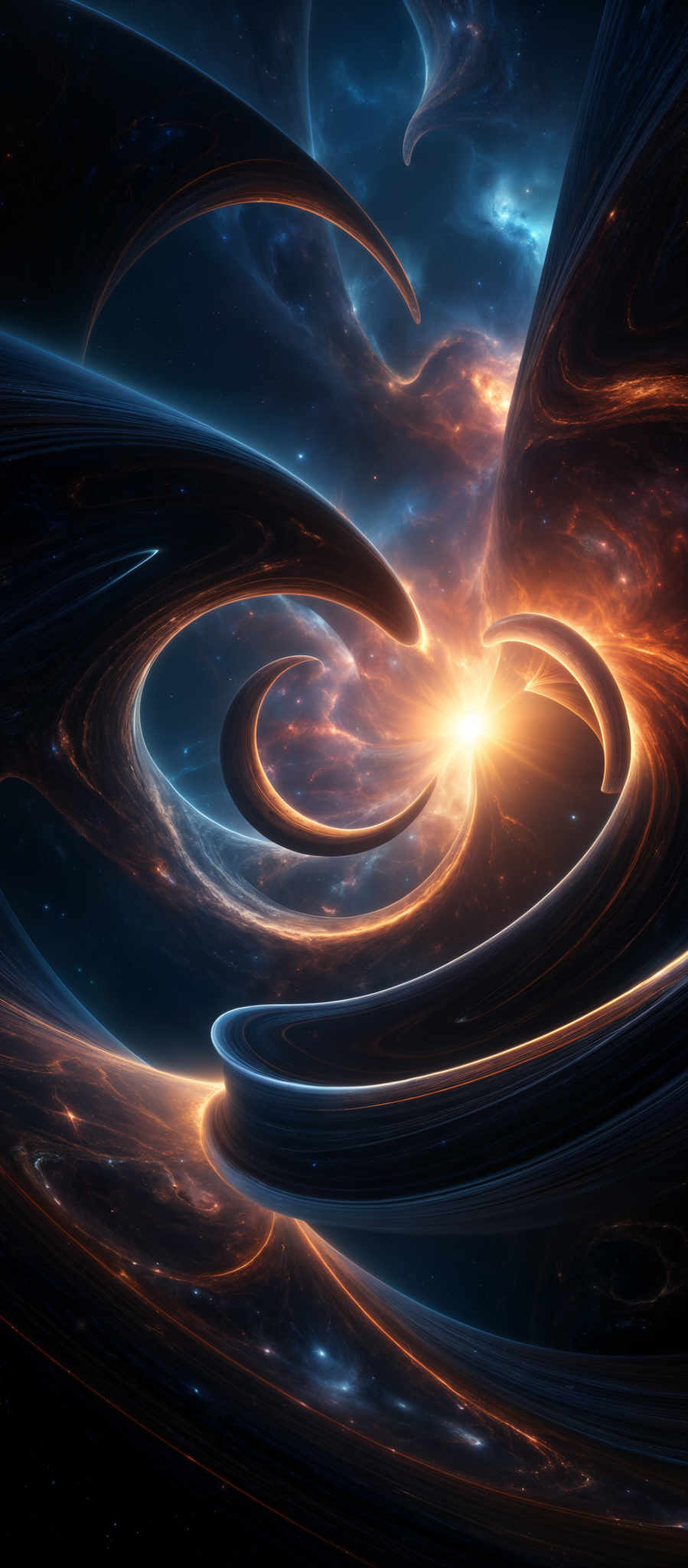 The image showcases a mesmerizing cosmic scene. Dominating the image are swirling patterns of dark and light, reminiscent of spirals or vortexes. These patterns are intertwined with bright, glowing streaks of orange and blue, suggesting the presence of energy or matter. The background is filled with a deep blue hue, punctuated by distant stars and nebulous formations. The overall impression is one of a dynamic and turbulent cosmic environment, possibly a wormhole or a region of intense gravitational activity.