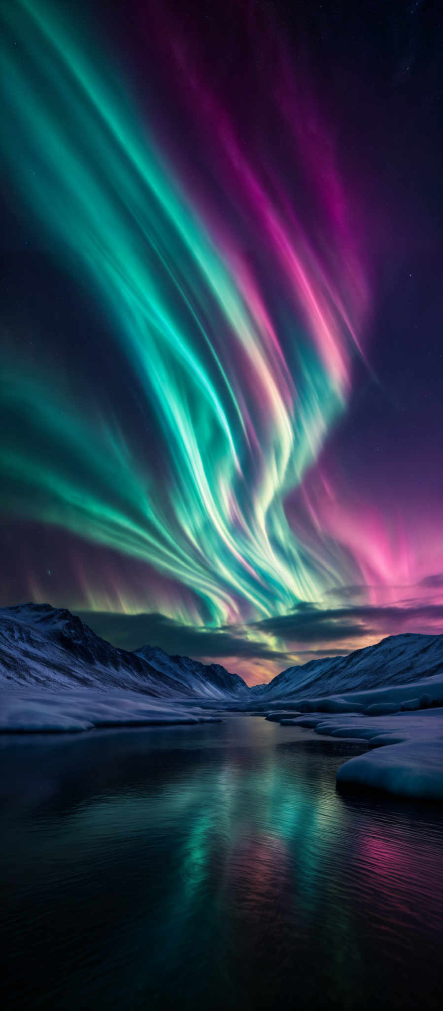 The image showcases a breathtaking view of the Northern Lights, also known as the Aurora Borealis. The colors range from vibrant green to deep purple, creating a mesmerizing swirl across the night sky. The shape is reminiscent of waves or curtains, flowing gracefully from one end to the other. Below, a serene landscape is depicted with snow-covered mountains and a calm body of water reflecting the celestial display. The overall ambiance is one of tranquility and awe.