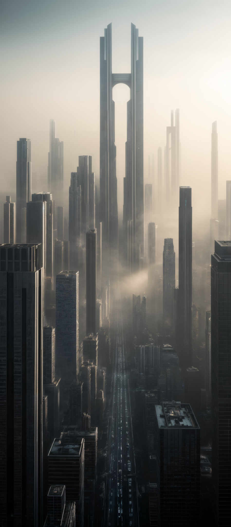 The image showcases a futuristic cityscape with tall skyscrapers. The dominant colors are shades of gray, blue, and white, giving the city a misty and ethereal appearance. The buildings are sleek and modern, with unique architectural designs, including one with a distinct arch-like structure. The city is enveloped in a layer of fog or mist, which adds to the mysterious ambiance. The streets below are bustling with activity, as indicated by the visible vehicles and lights.