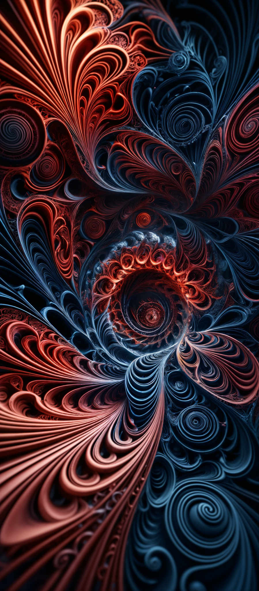 The image showcases intricate and vibrant patterns that resemble fractal art. It predominantly features swirling designs with a mix of deep blues, fiery reds, and hints of gold. The patterns are symmetrical and appear to be composed of intertwining and overlapping loops and curves, creating an almost hypnotic effect.