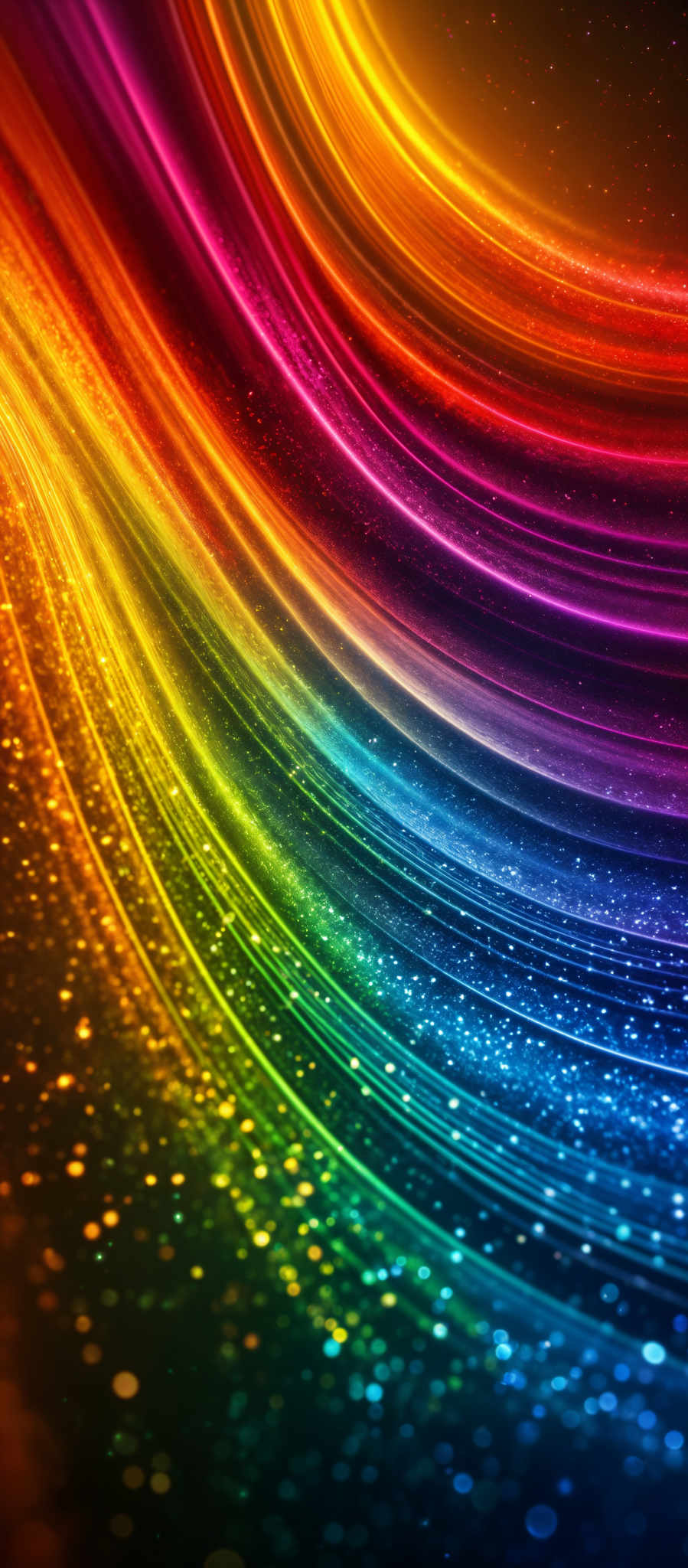 The image showcases a vibrant and colorful abstract design. It features a spectrum of colors, ranging from deep purples and blues at the top to bright yellows, oranges, and reds at the bottom. The design appears to be made up of flowing, curved lines that resemble waves or streams of light. These lines are interspersed with small, shimmering dots that give the image a sparkling effect. The overall impression is one of energy, movement, and a celebration of color.